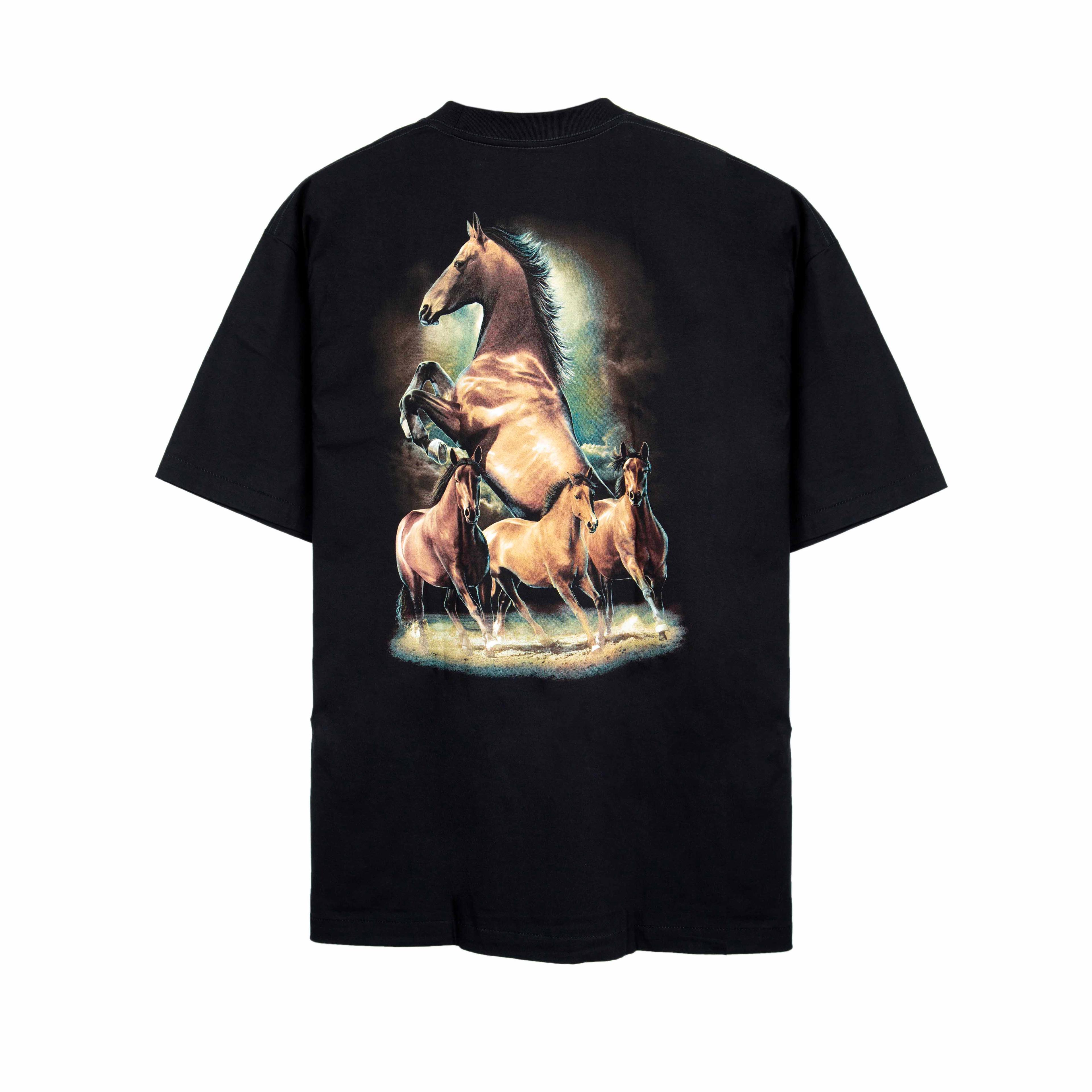 "Rock Eagle black unisex T-shirt with detailed running and rearing horse graphic – nature-themed streetwear"