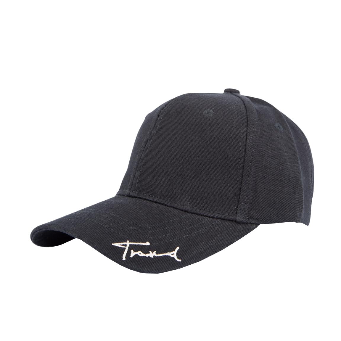 Black baseball cap with white signature embroidery on a plain background
