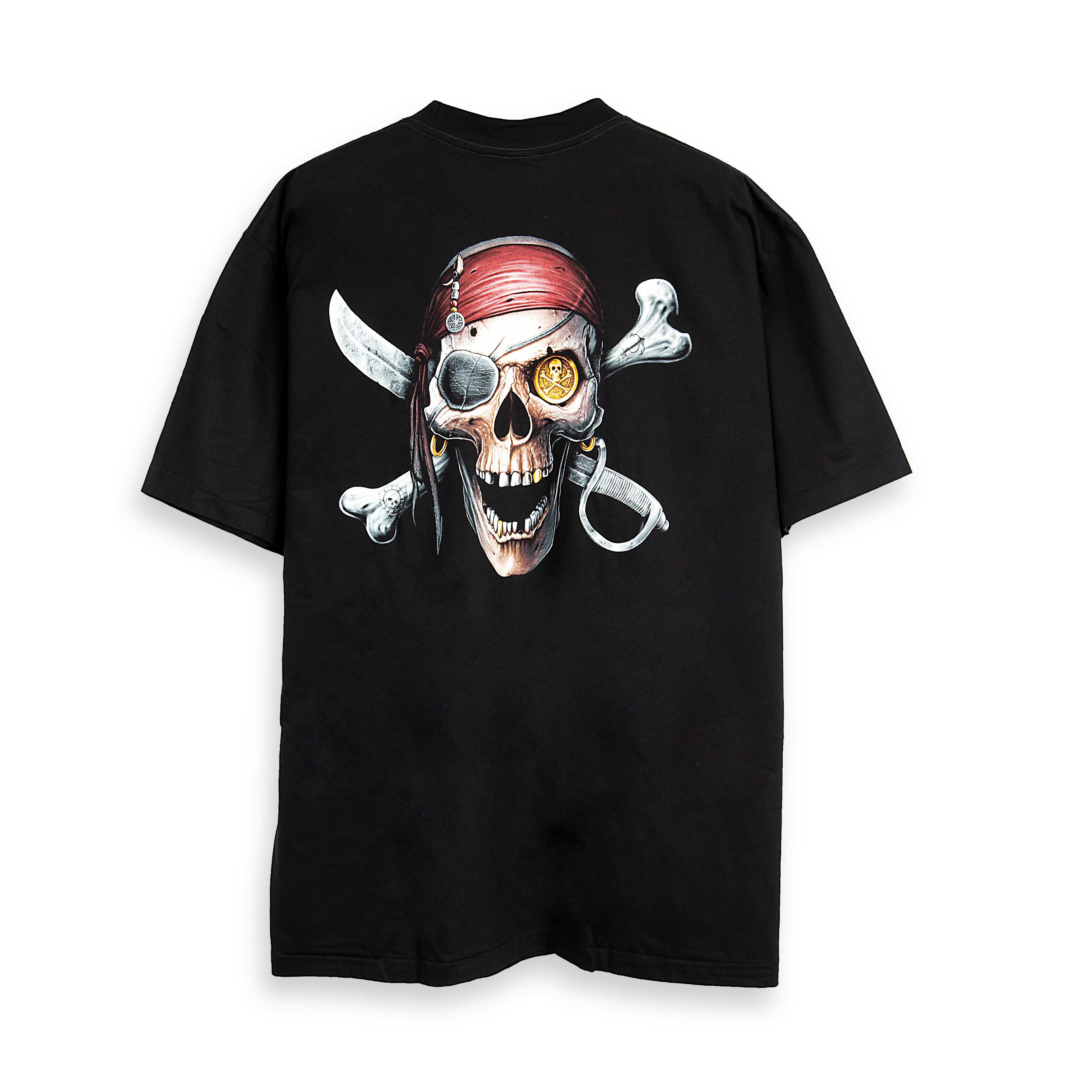 "Rock Eagle black unisex T-shirt with detailed ghost pirate captain graphic – gothic fantasy streetwear"