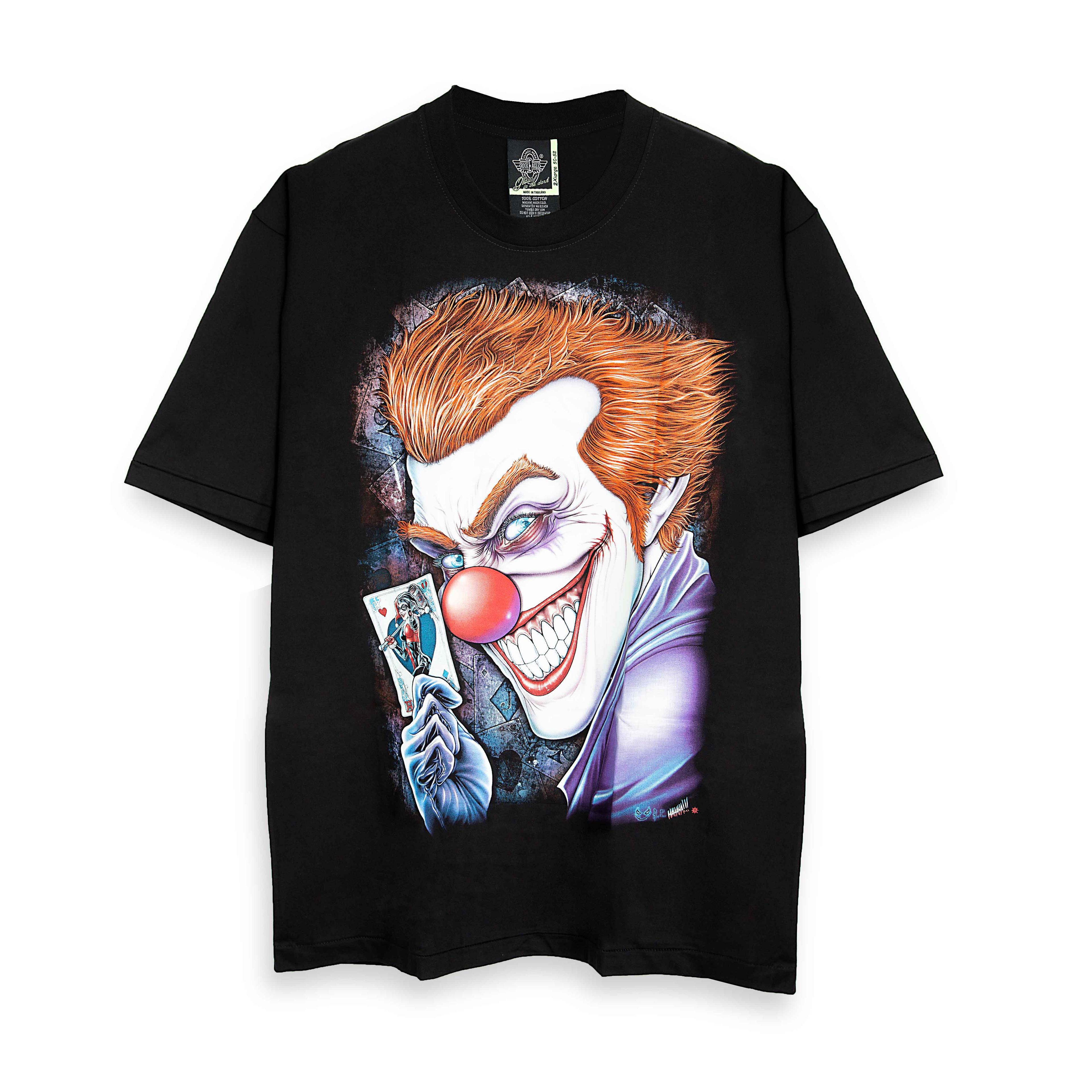 "Rock Eagle black unisex T-shirt with vivid sinister clown graphic holding a playing card – gothic streetwear design"