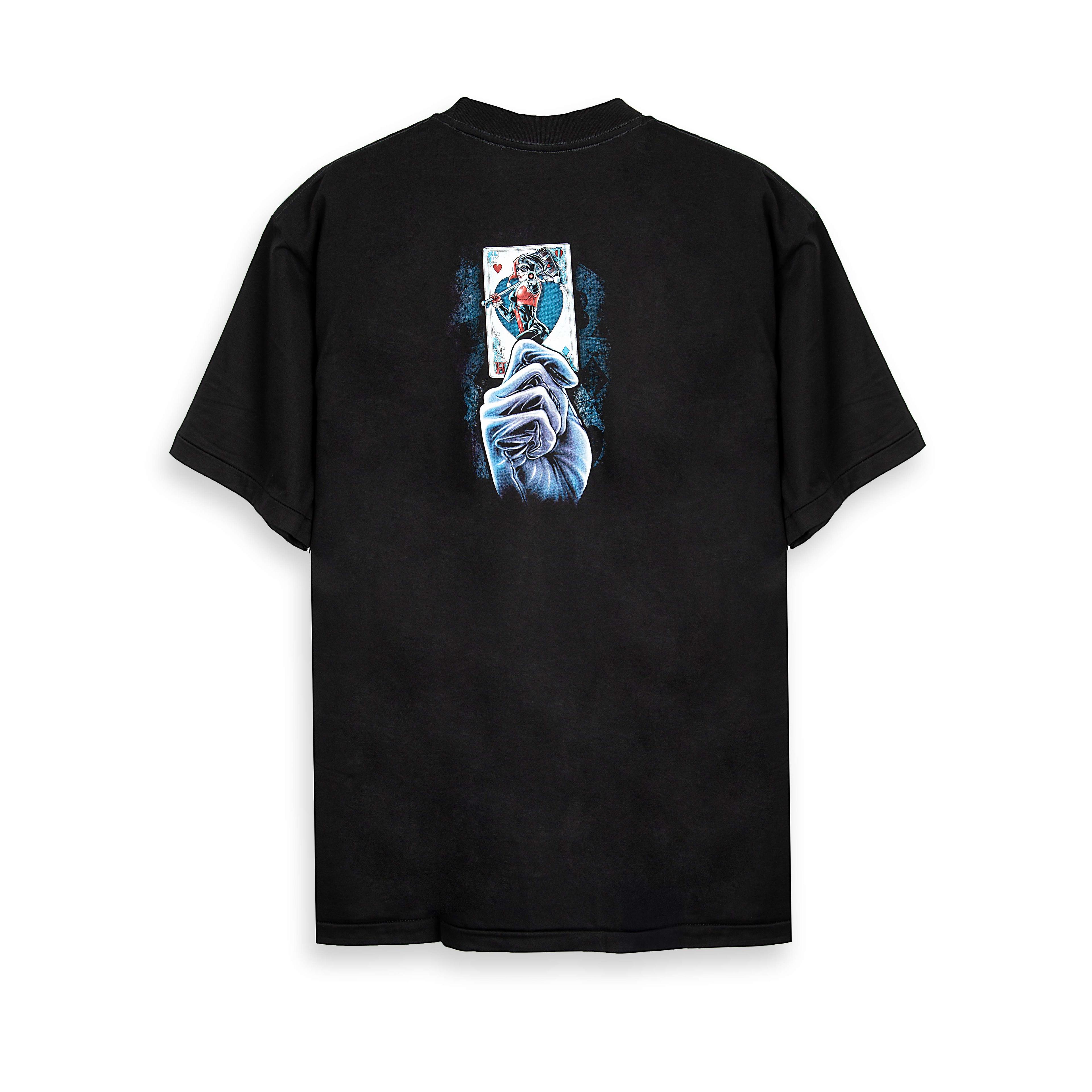 "Rock Eagle black unisex T-shirt with vivid sinister clown graphic holding a playing card – gothic streetwear design"