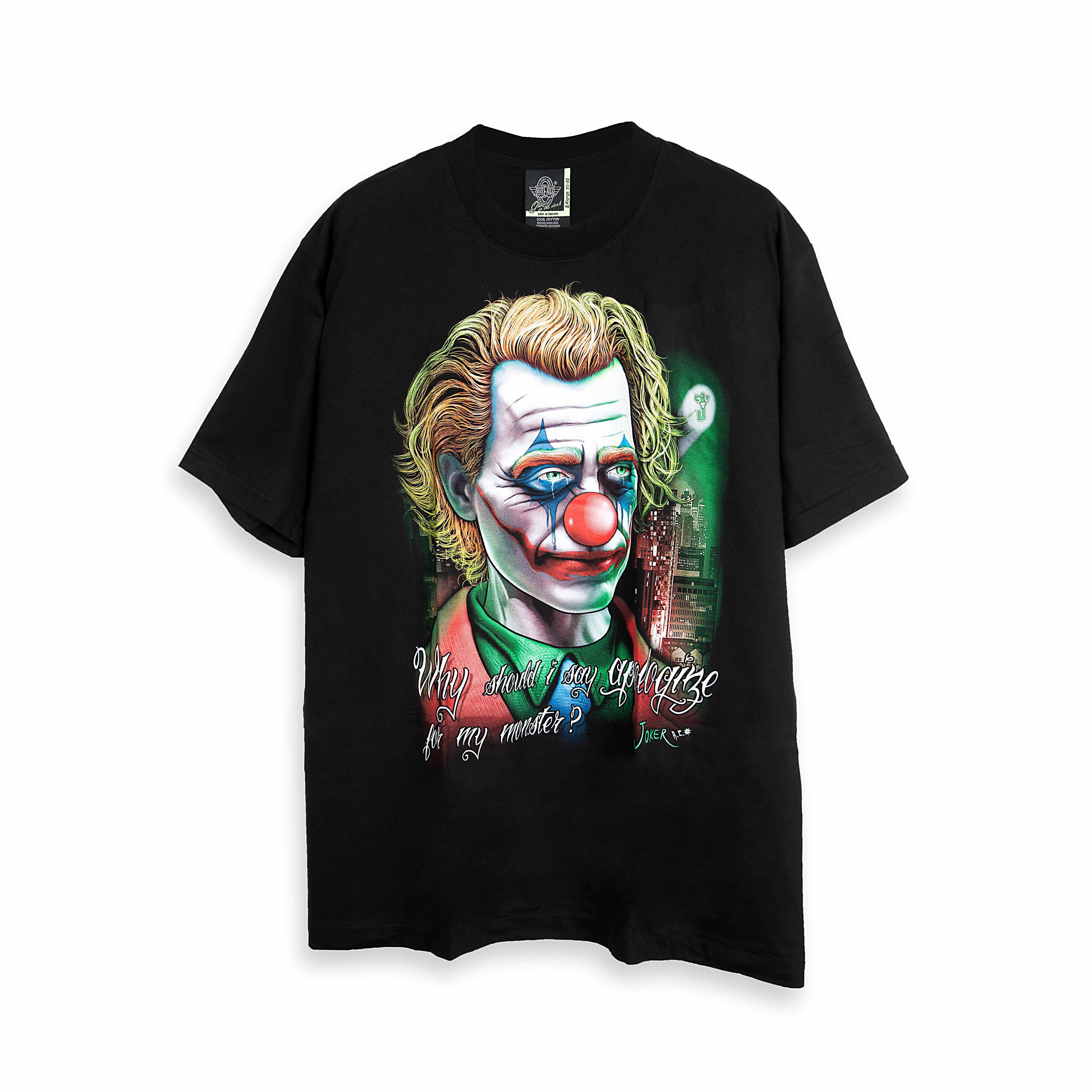 Rock Eagle black t-shirt with a detailed, colorful graphic of the Joker's face, clown makeup, and the quote "Why should I say sorry for my monster?" in red script.