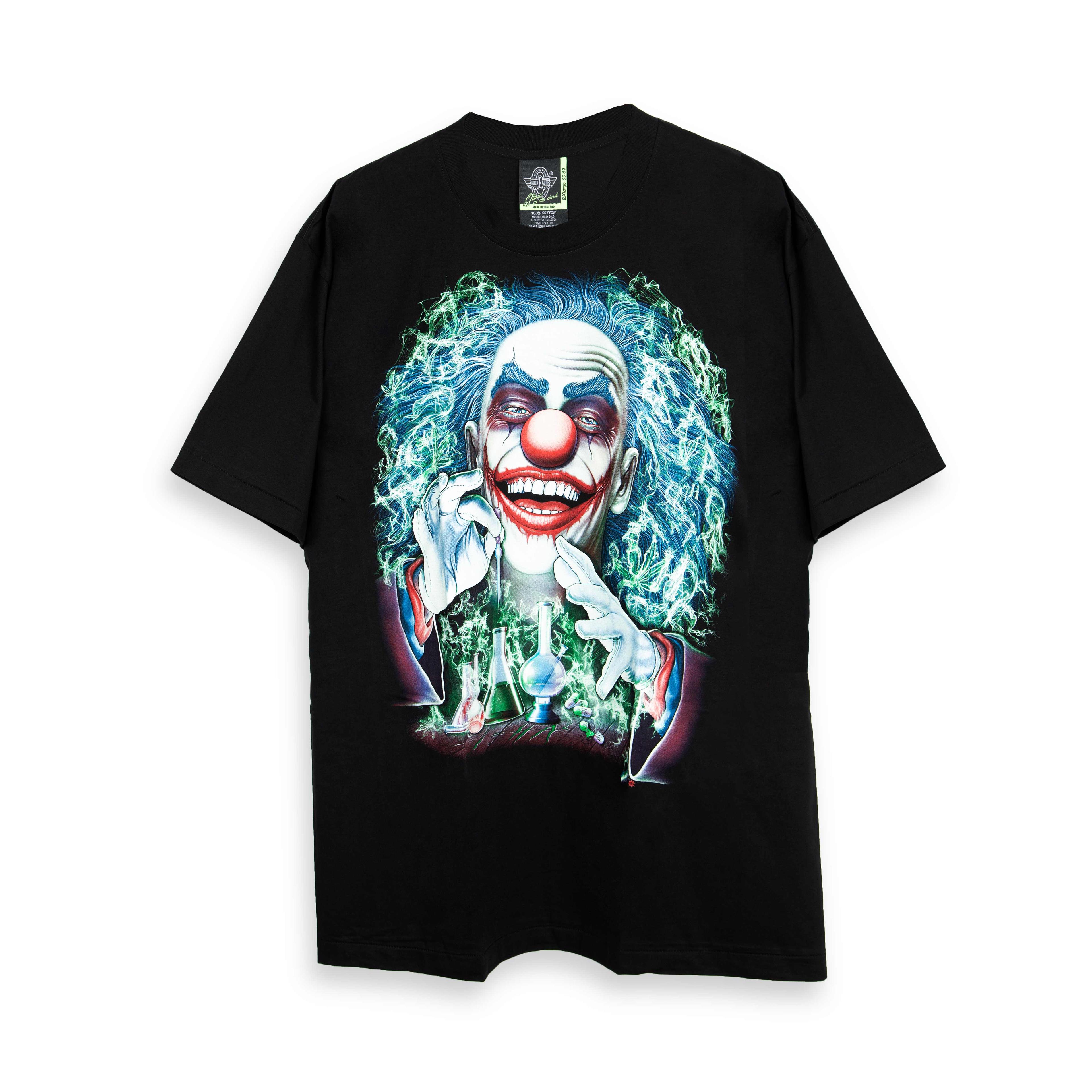 Rock Eagle black unisex t-shirt with a detailed, unsettling graphic of an evil clown with a wide grin, blue hair, and green glowing energy.