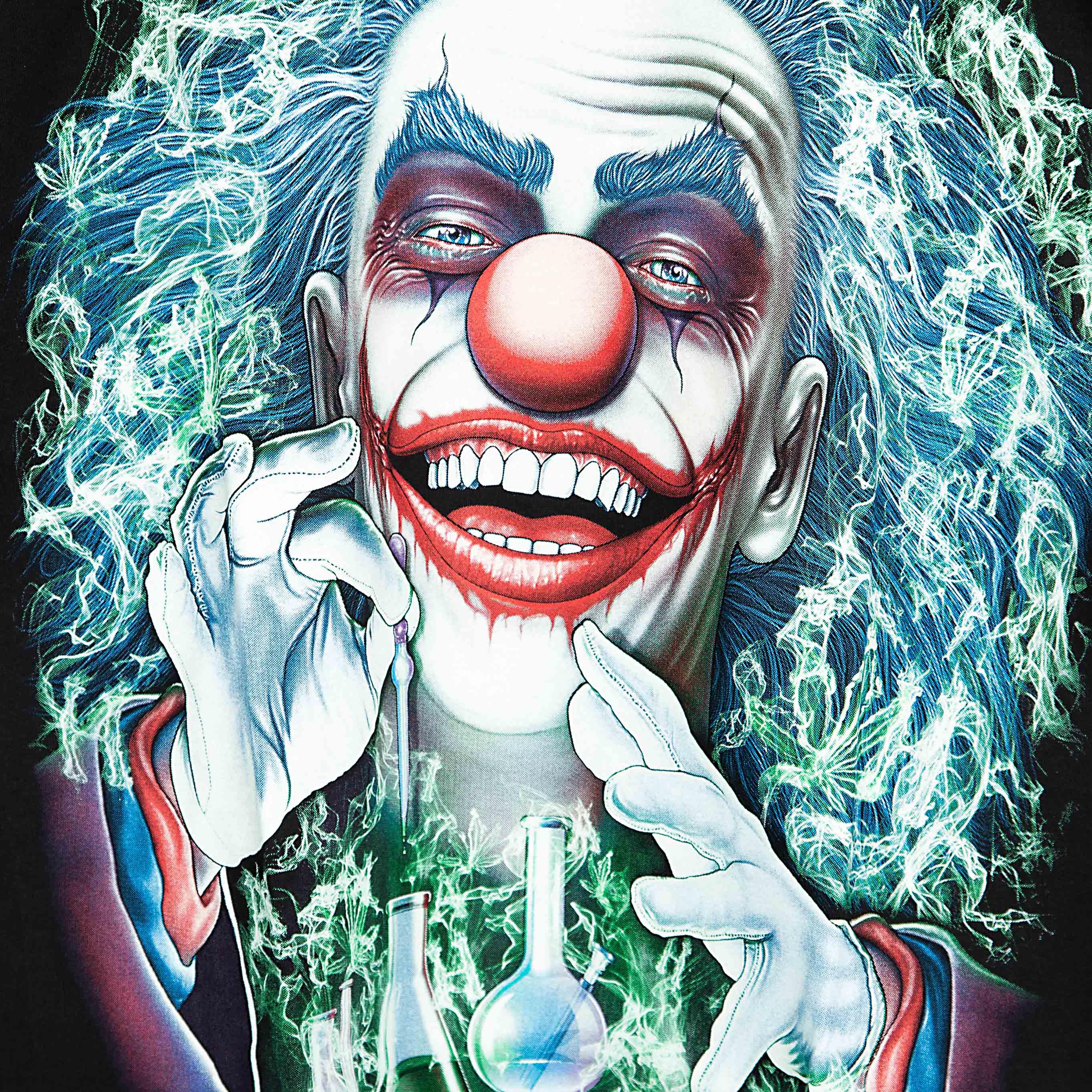 Rock Eagle black unisex t-shirt with a detailed, unsettling graphic of an evil clown with a wide grin, blue hair, and green glowing energy.