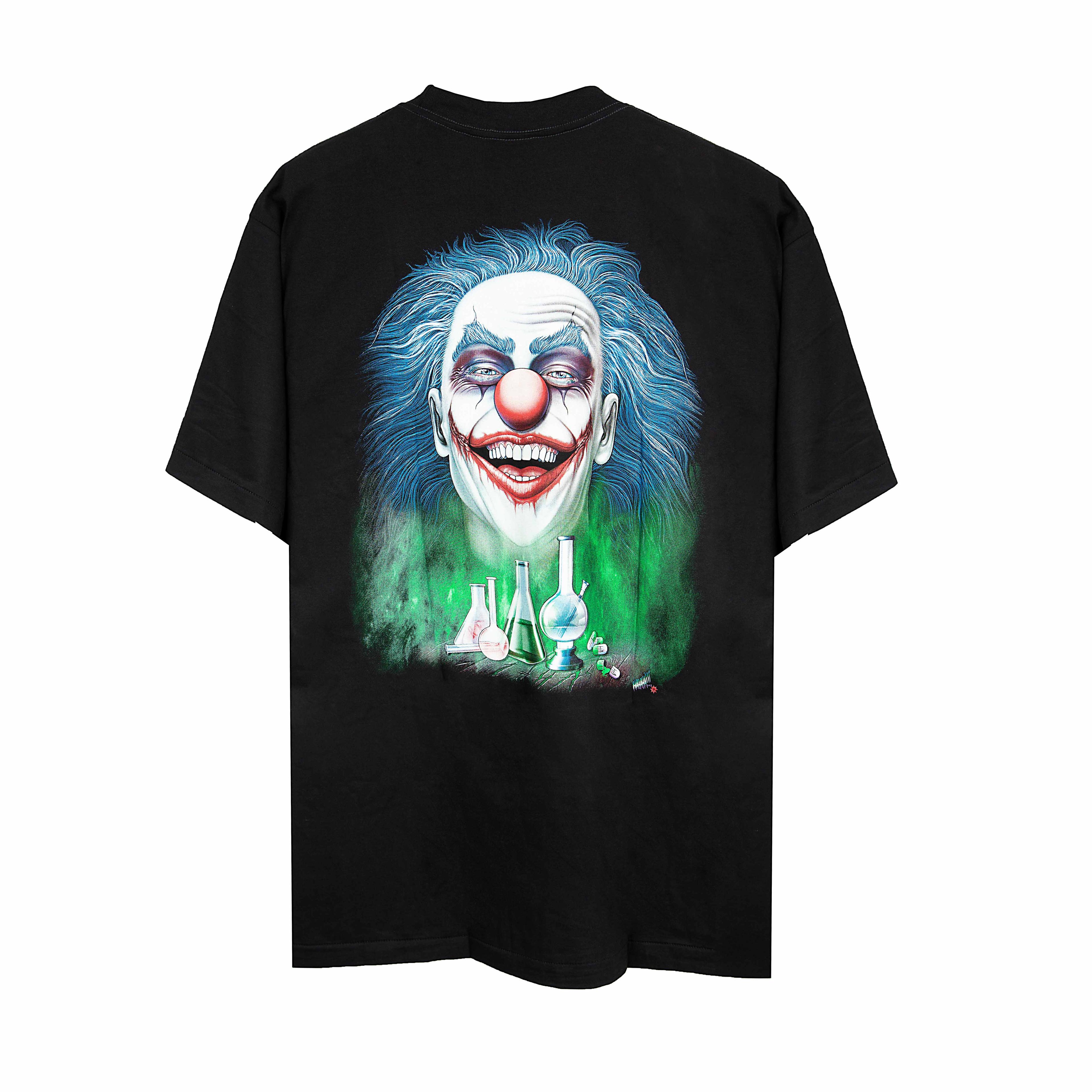 Rock Eagle black unisex t-shirt with a detailed, unsettling graphic of an evil clown with a wide grin, blue hair, and green glowing energy.