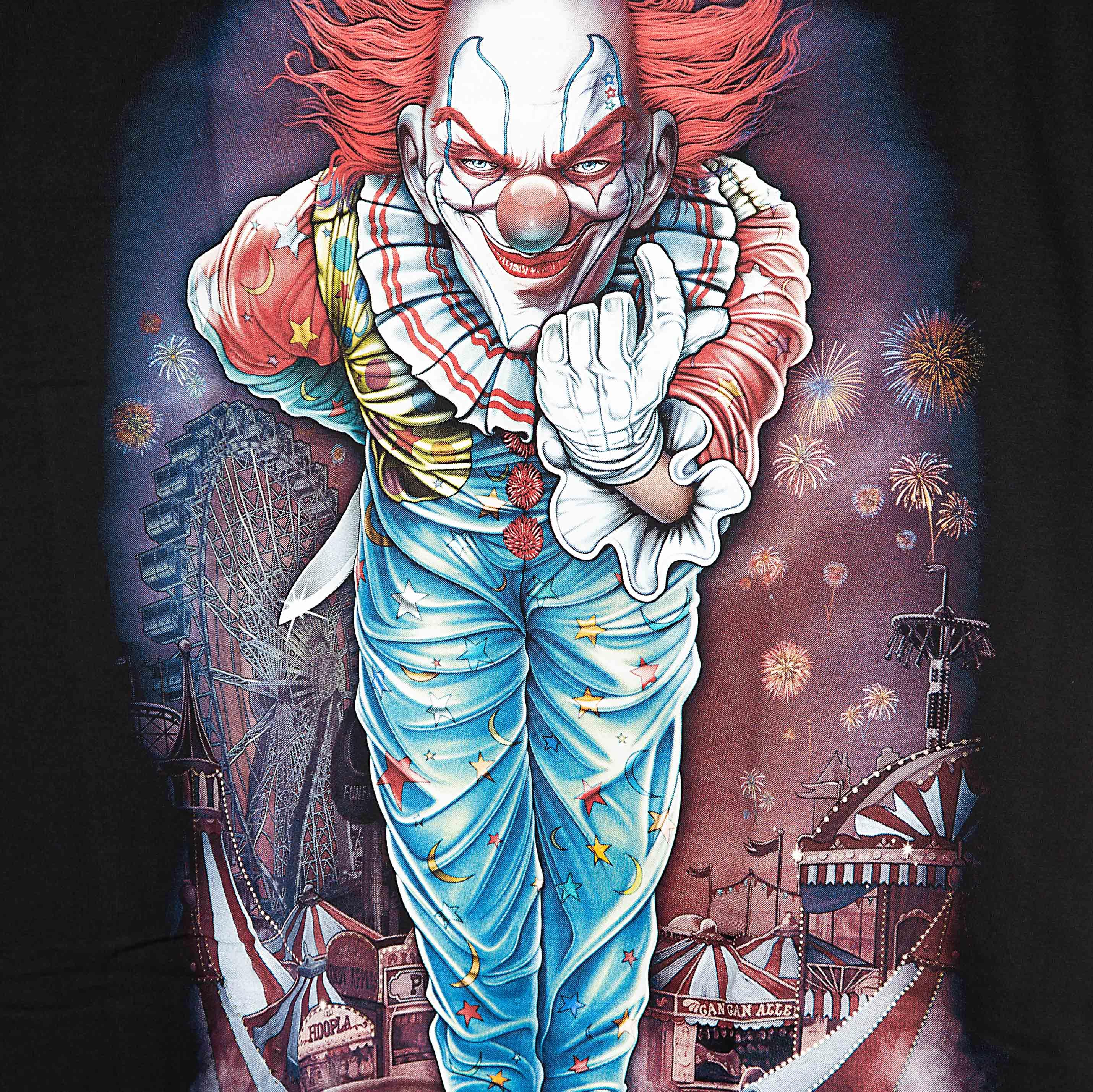 Rock Eagle black unisex t-shirt with a full-body graphic of a scary clown with red hair standing in a dilapidated, colorful carnival background.