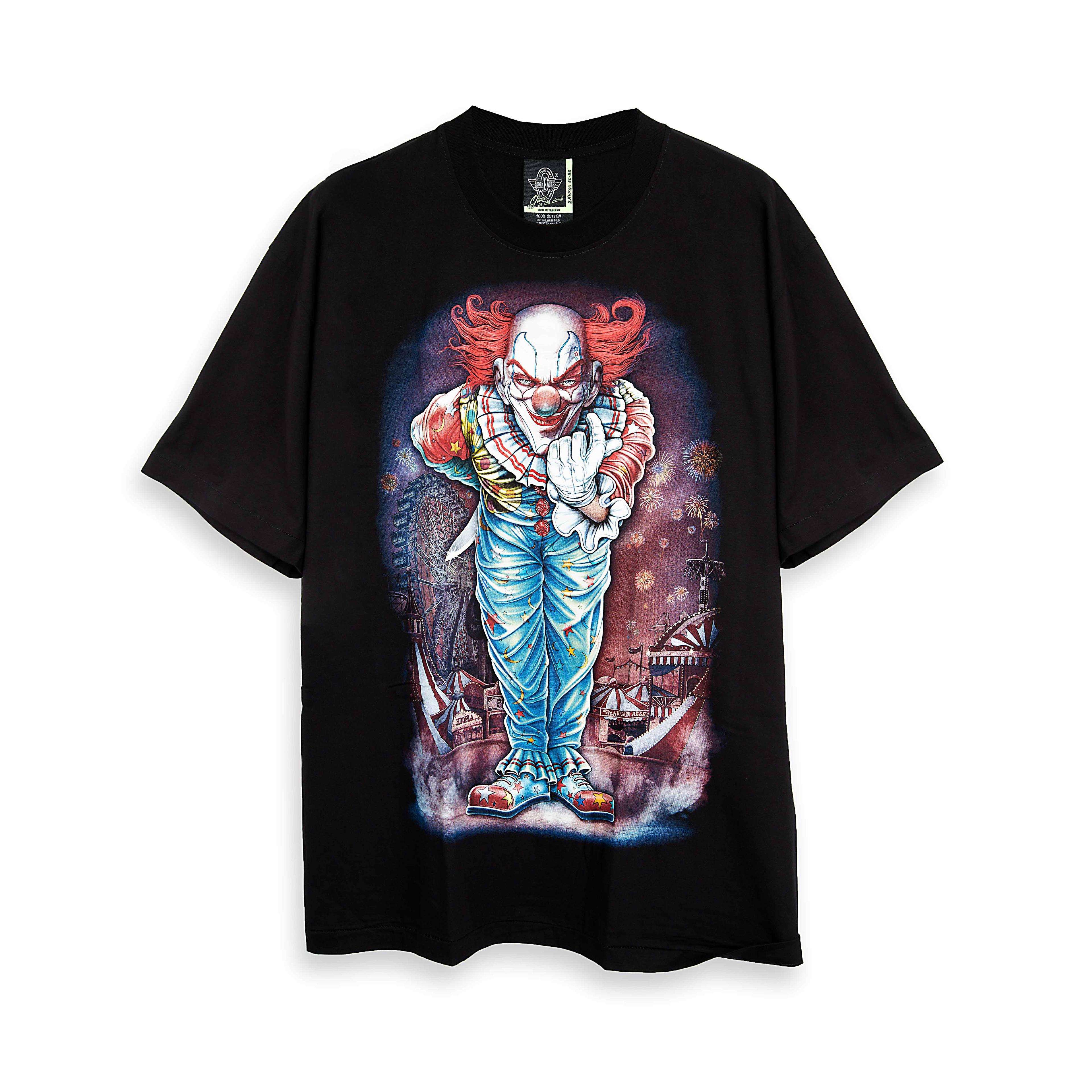 Rock Eagle black unisex t-shirt with a full-body graphic of a scary clown with red hair standing in a dilapidated, colorful carnival background.