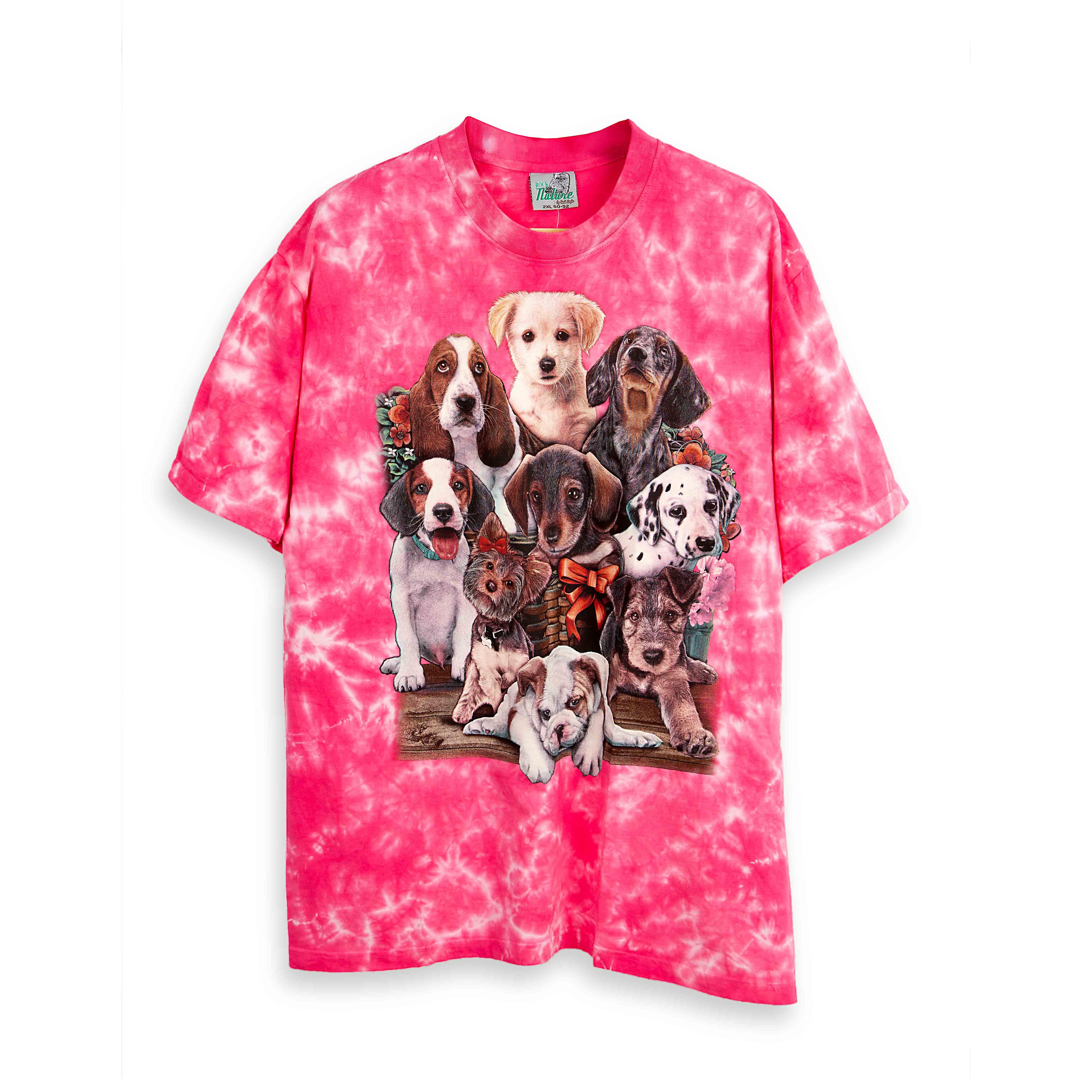 Rock Eagle Pink Tie-Dye T-shirt with a central graphic of nine different dog breeds clustered together, including a Dalmatian, Dachshund, and Golden Retriever.