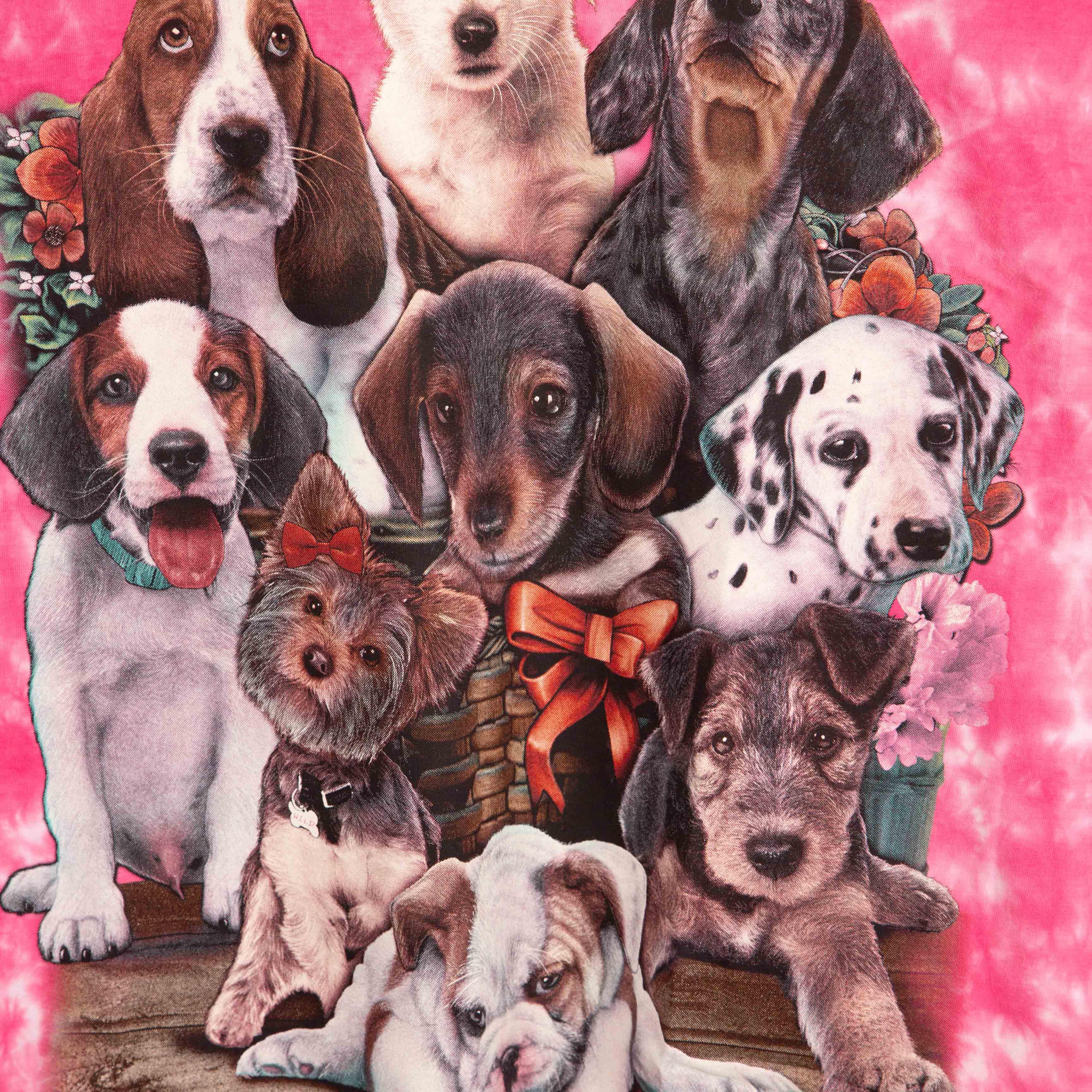 Rock Eagle Pink Tie-Dye T-shirt with a central graphic of nine different dog breeds