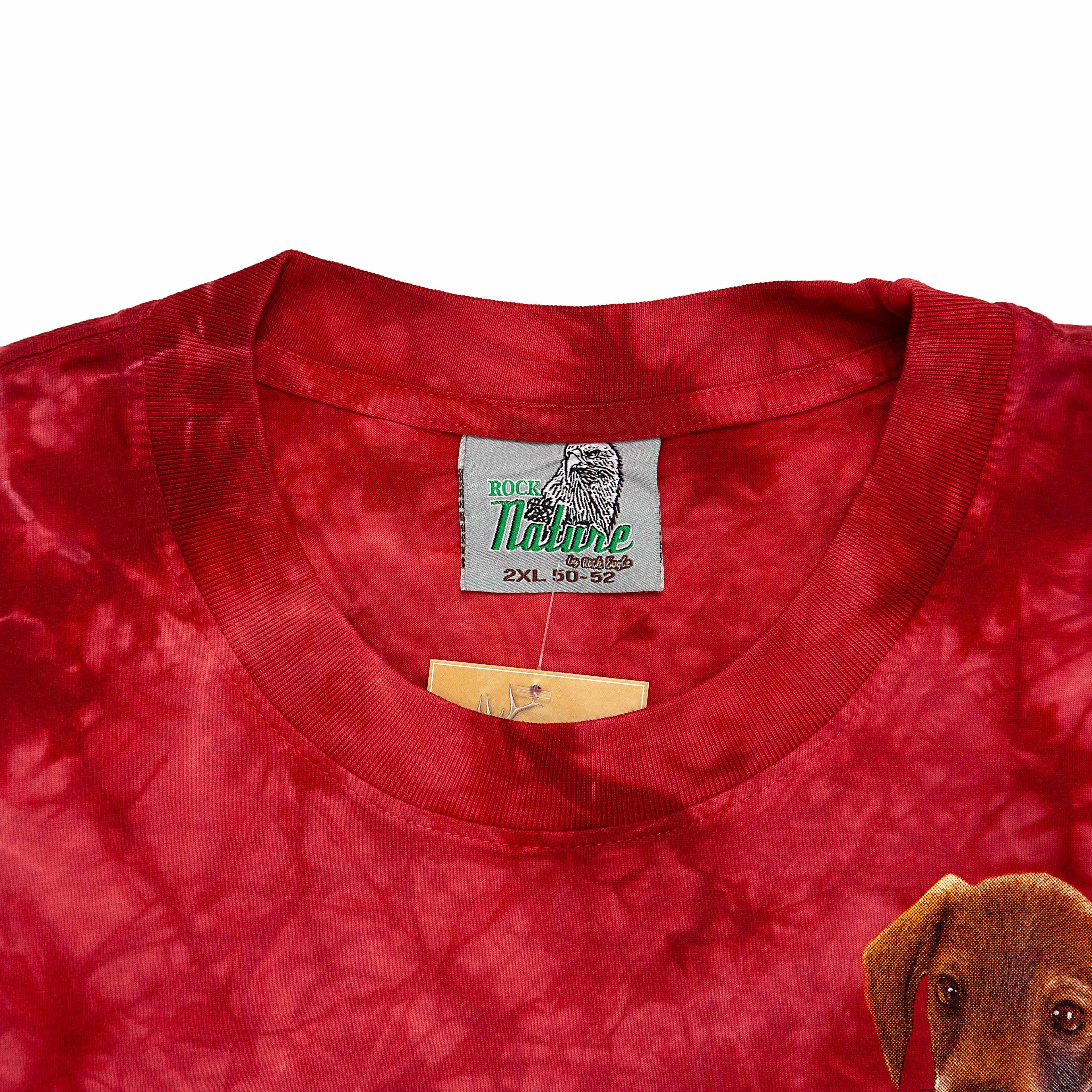 Rock Eagle Red Tie-Dye T-shirt with a central graphic of a "puppy pile" featuring a stack of nine different young dogs and puppies emerging from a basket.