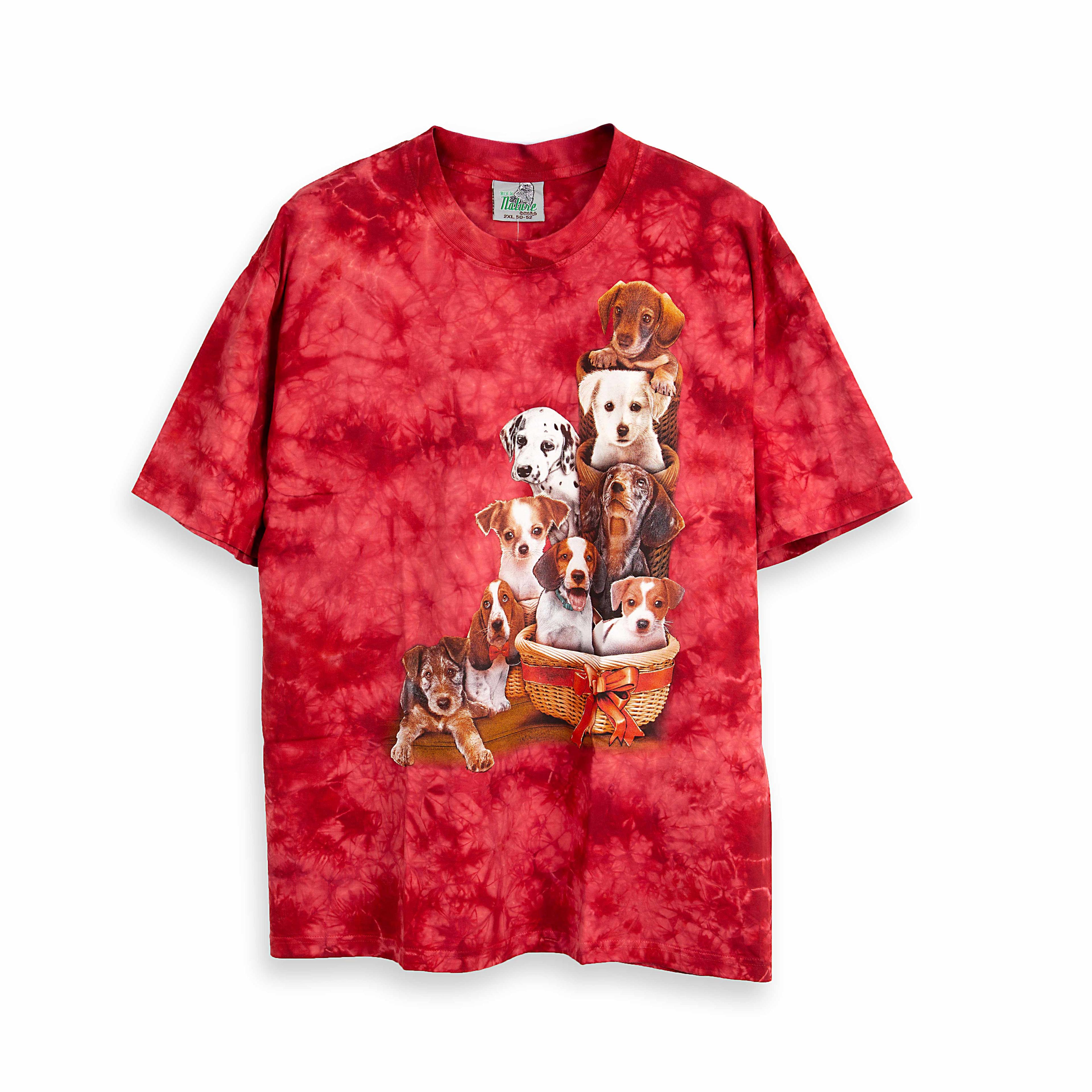 Rock Eagle Red Tie-Dye T-shirt with a central graphic of a "puppy pile" featuring a stack of nine different young dogs and puppies emerging from a basket.