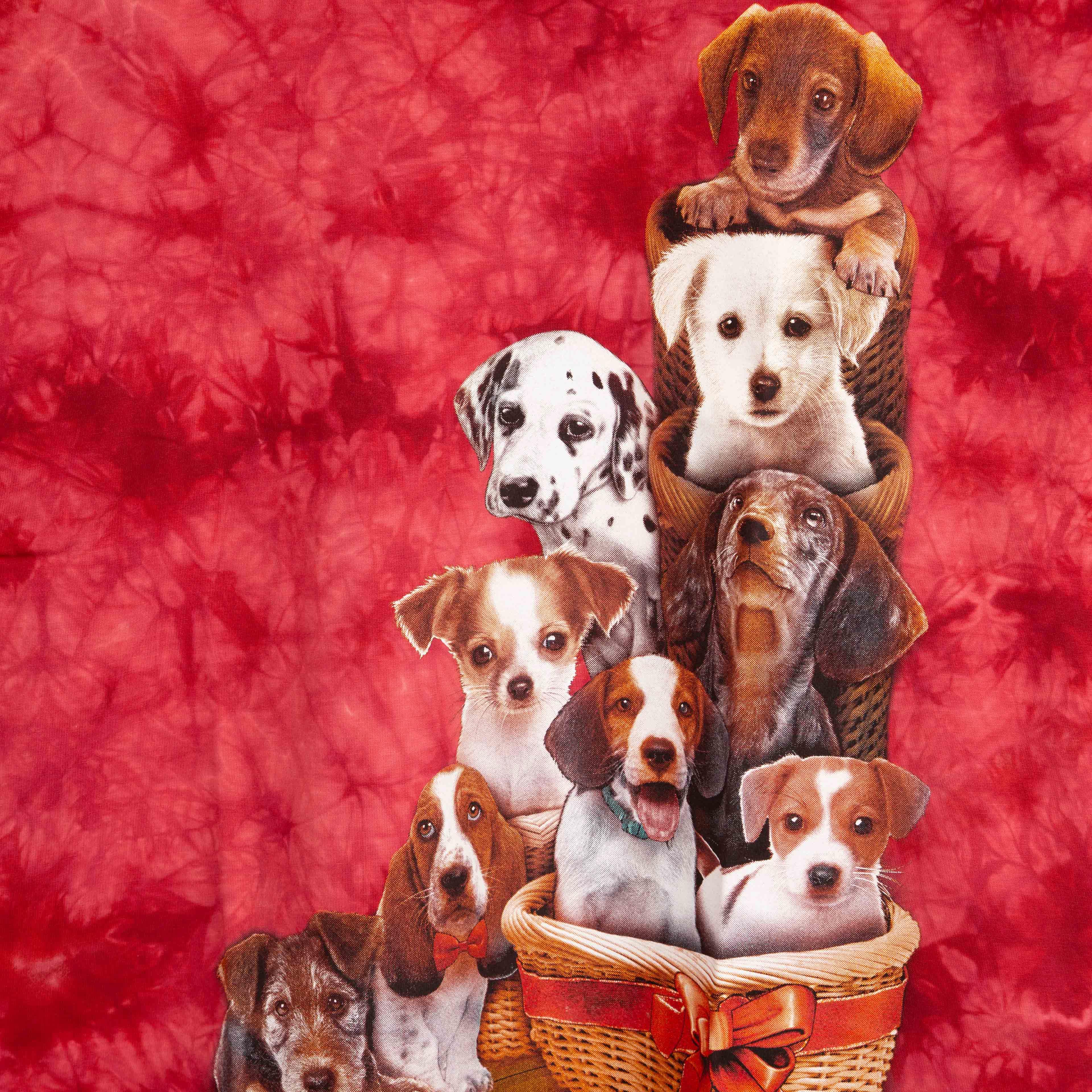 Rock Eagle Red Tie-Dye T-shirt with a central graphic of a "puppy pile" featuring a stack of nine different young dogs and puppies emerging from a basket.
