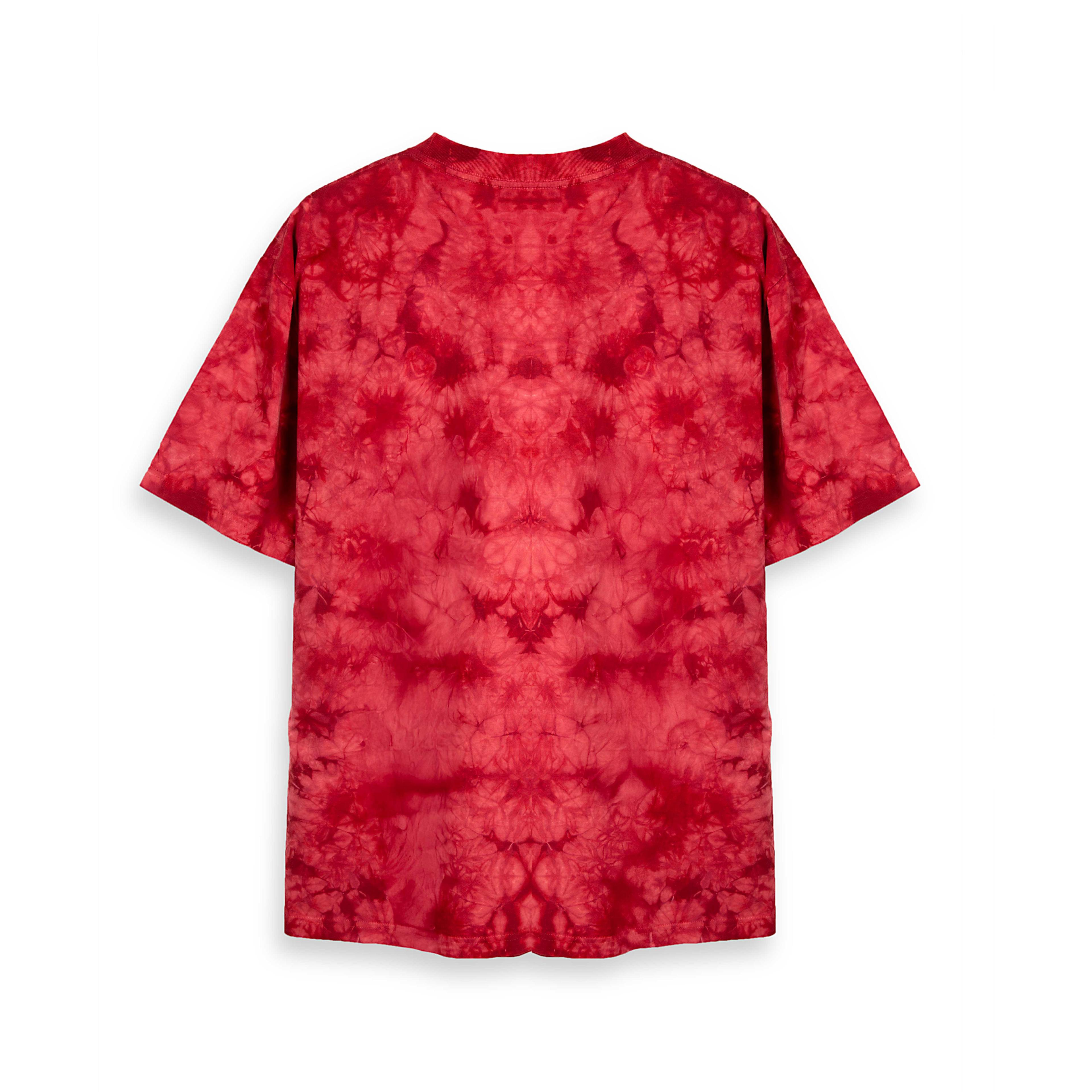 Rock Eagle Red Tie-Dye T-shirt with a central graphic of a "puppy pile" featuring a stack of nine different young dogs and puppies emerging from a basket.