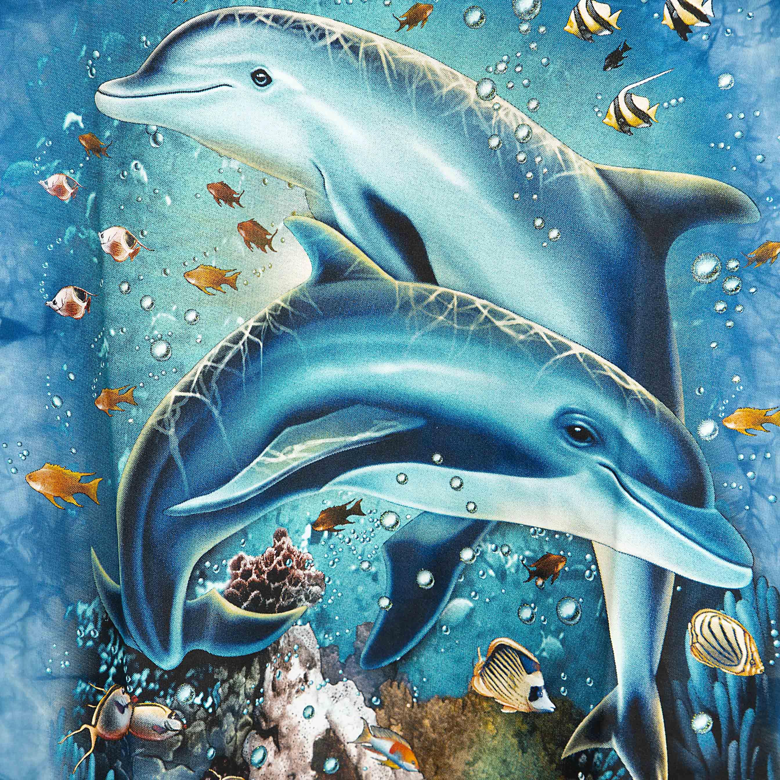 Rock Eagle Blue Tie-Dye T-shirt with a detailed, central graphic of two dolphins swimming underwater above a colourful coral reef surrounded by tropical fish