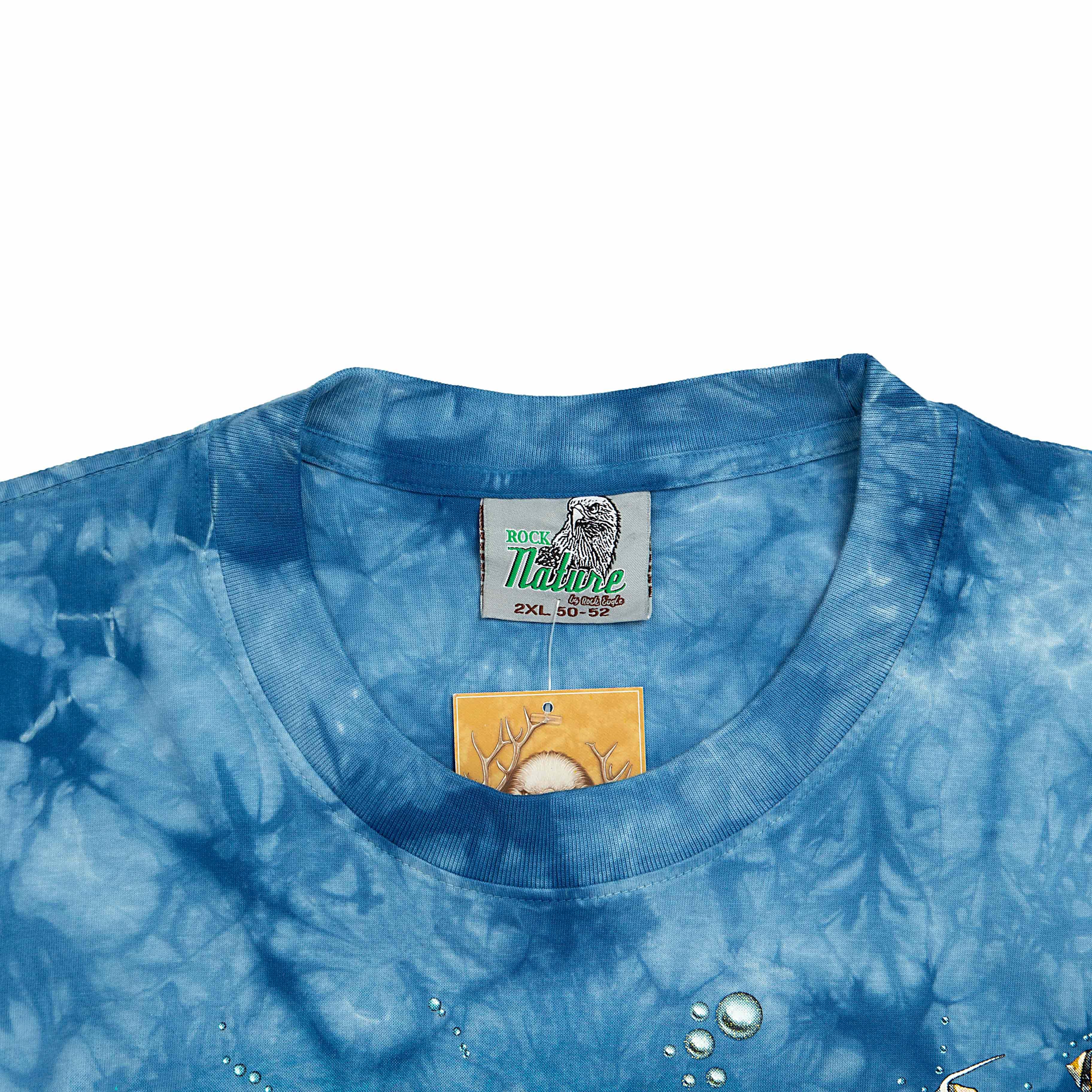 Rock Eagle Blue Tie-Dye T-shirt with a detailed, central graphic of two dolphins swimming underwater above a colourful coral reef surrounded by tropical fish