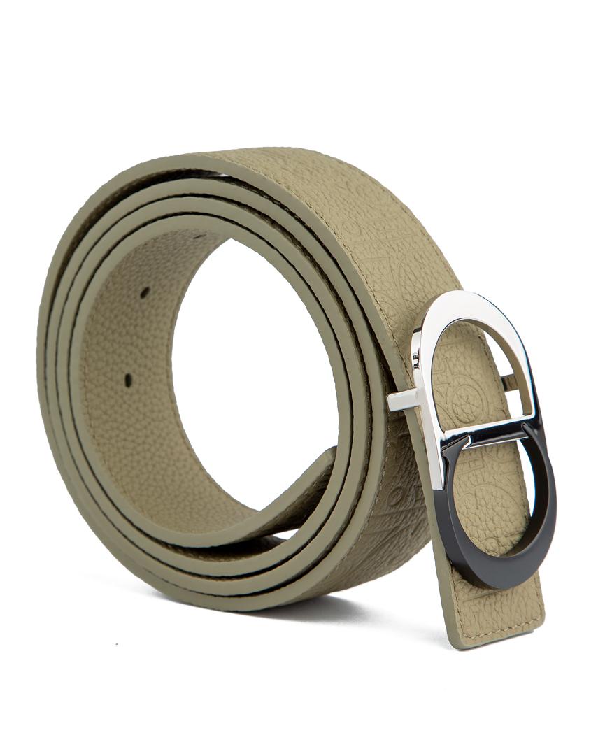 Sage green leather belt with modern circle buckle