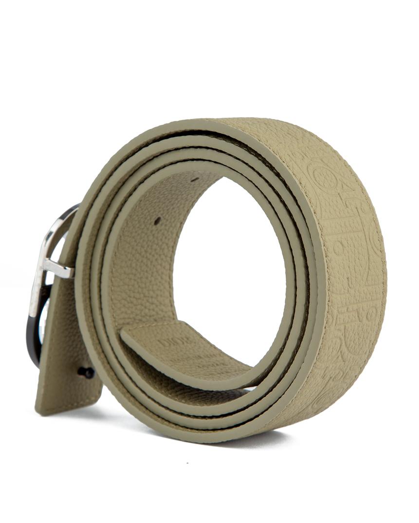 Sage green leather belt with modern circle buckle.