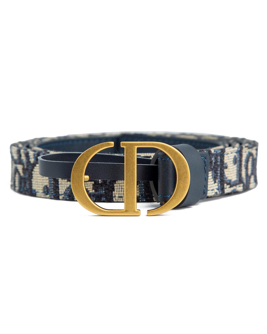 Dior 30 Montaigne reversible belt, blue Dior Oblique canvas and navy leather with gold CD buckle.
