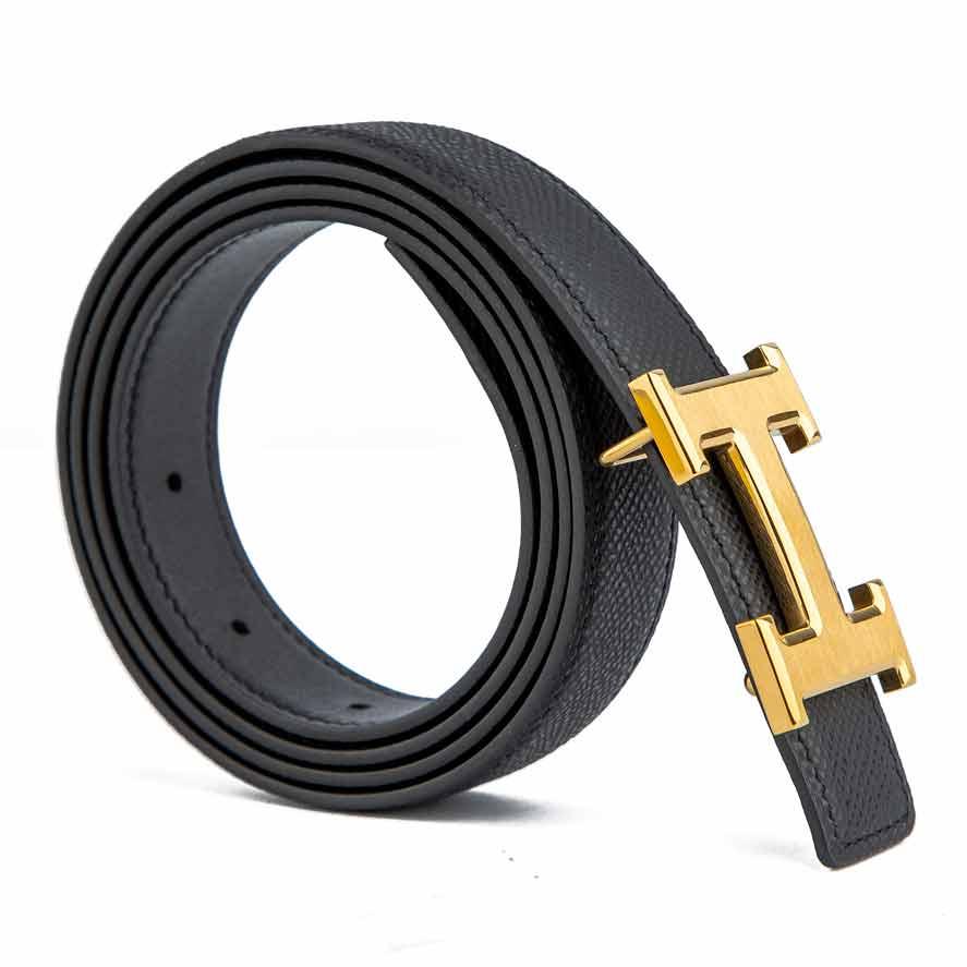 Black leather unisex belt with gold H buckle
