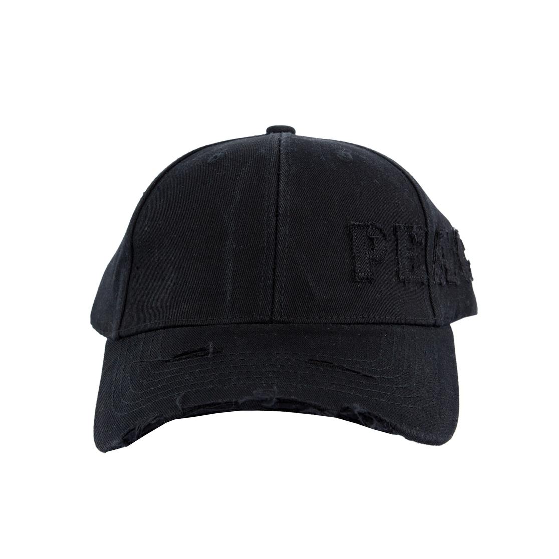 Black unisex distressed face cap with' embroidery, adjustable for comfort, perfect for streetwear and casual outfits.