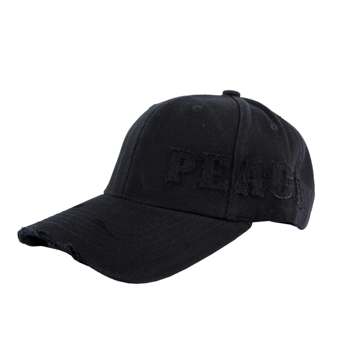 Black unisex distressed face cap with embroidery, adjustable for comfort, perfect for streetwear and casual outfits.
