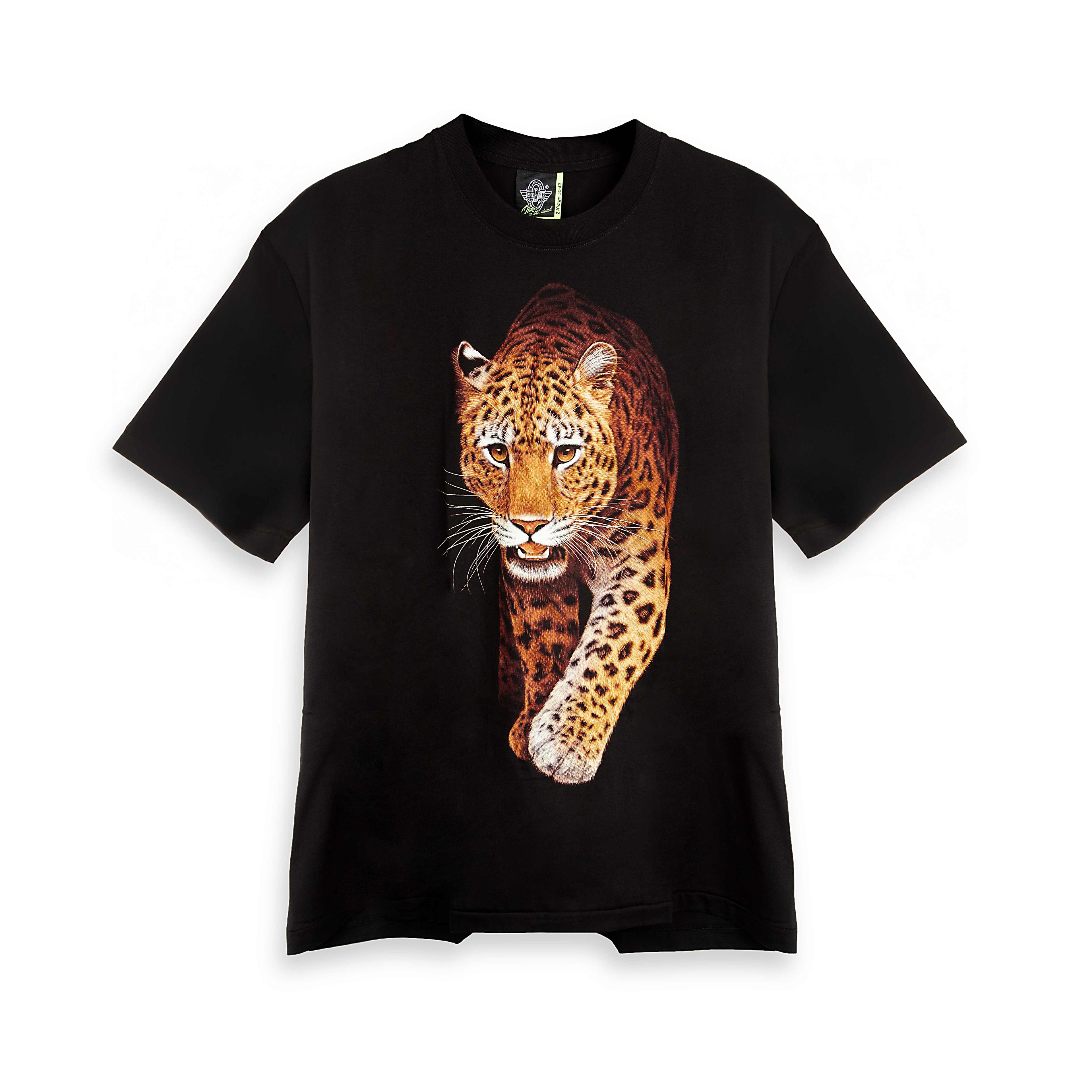 Rock Eagle black unisex t-shirt with a cosmic graphic of four lion heads clustered above a decorative dreamcatcher with feathers and a starry night background.