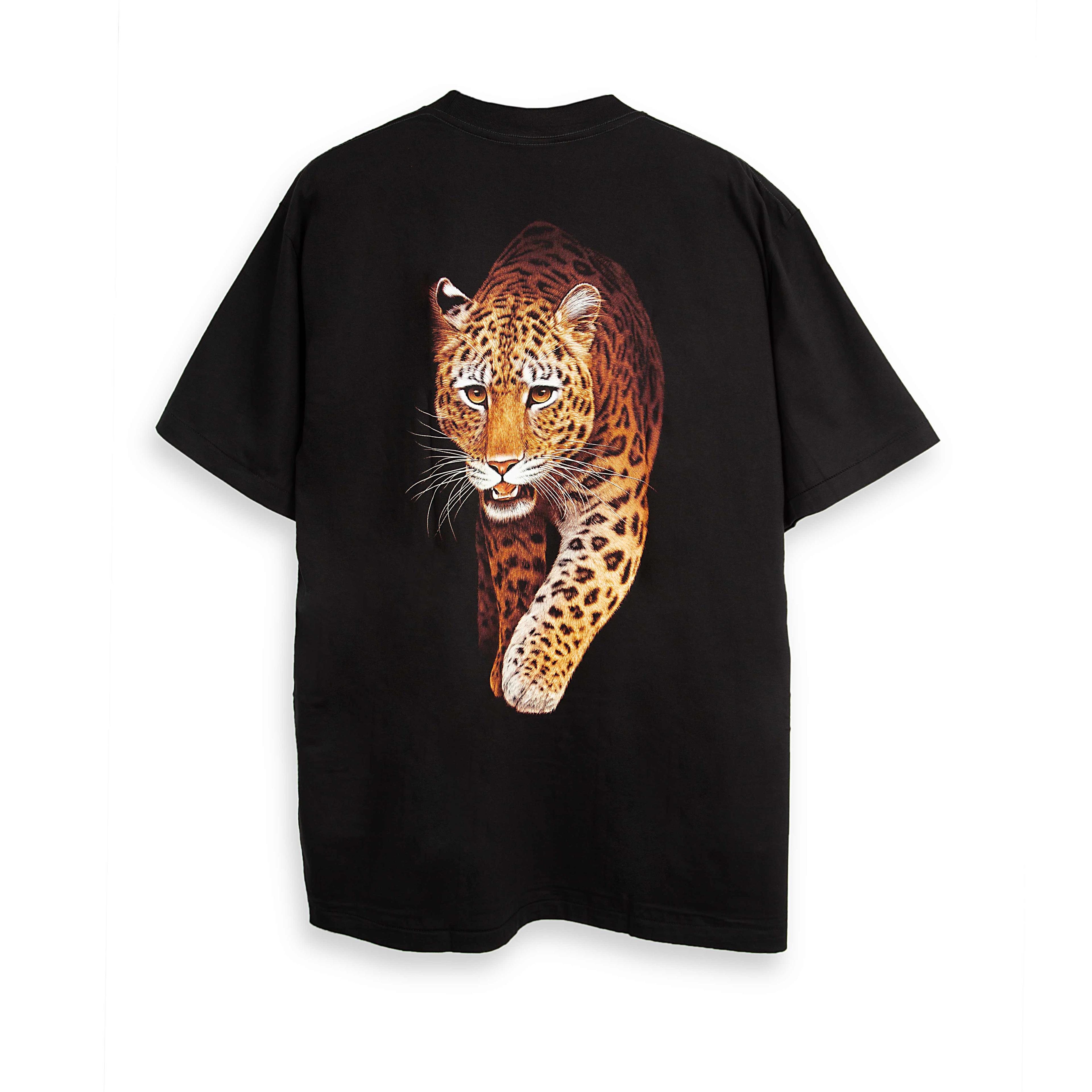 Rock Eagle black unisex t-shirt with a cosmic graphic of four lion heads clustered above a decorative dreamcatcher with feathers and a starry night background.