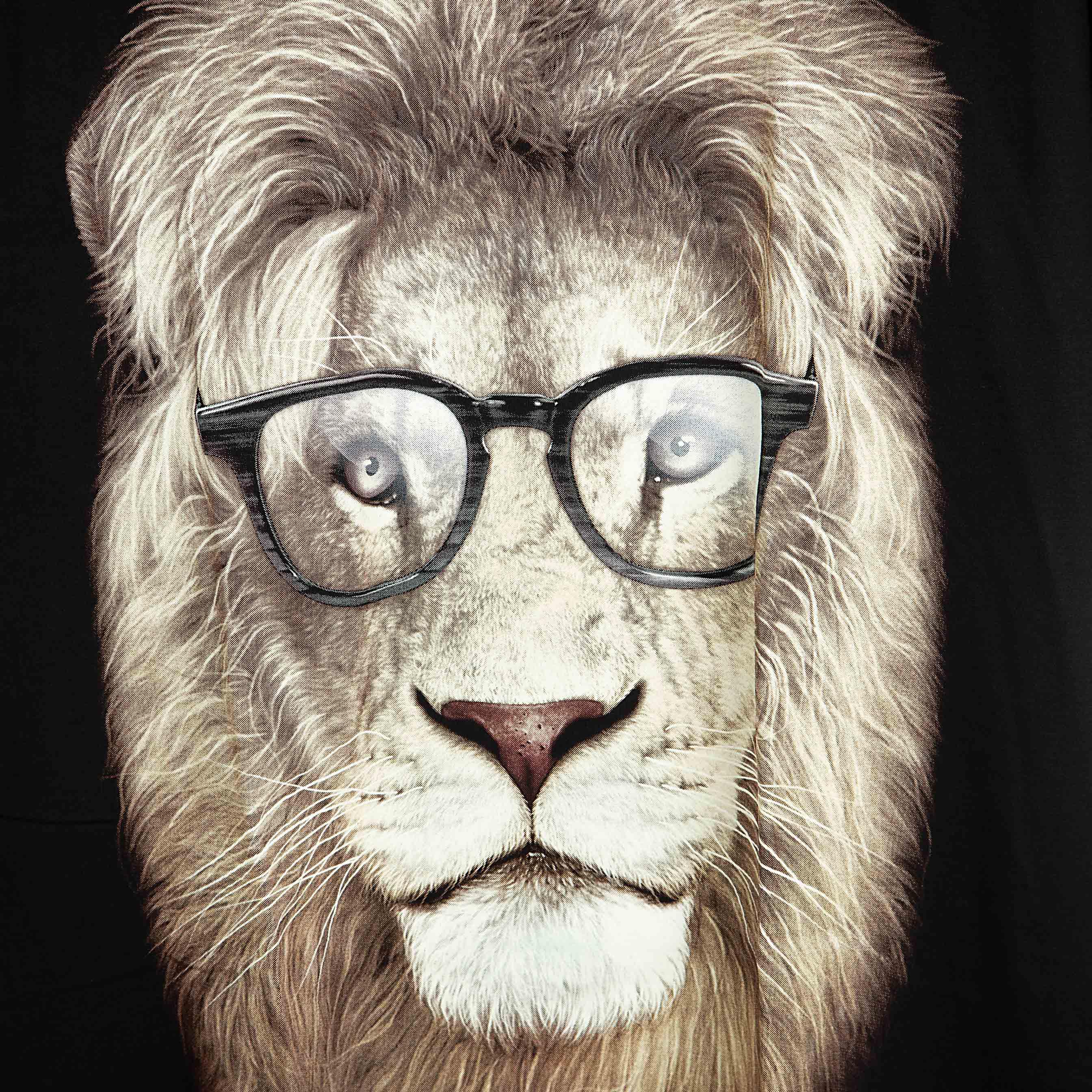 Rock Eagle black unisex t-shirt with a realistic graphic of a lion's head wearing black-framed glasses, giving it a hipster look.