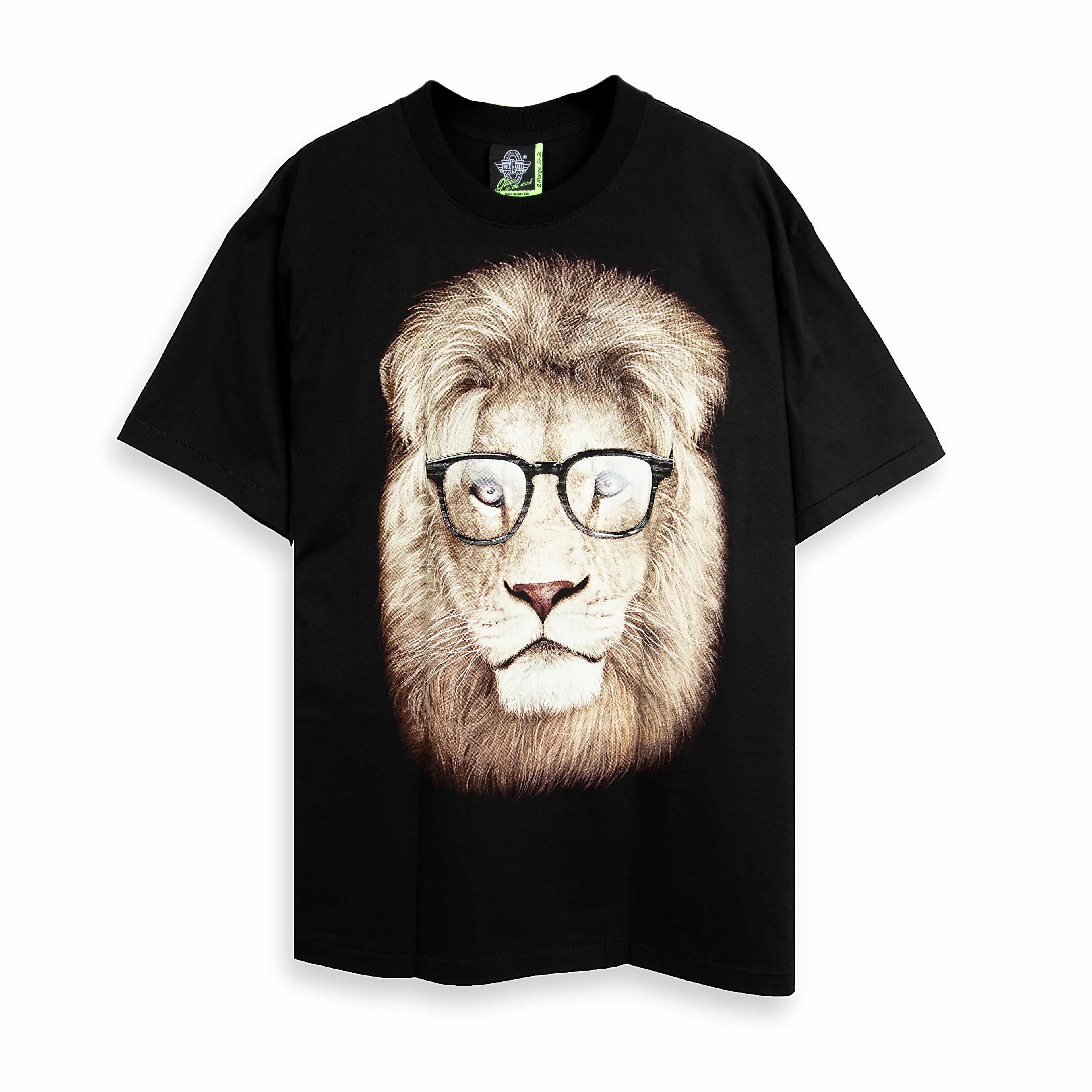 Rock Eagle black unisex t-shirt with a realistic graphic of a lion's head wearing black-framed glasses, giving it a hipster look.