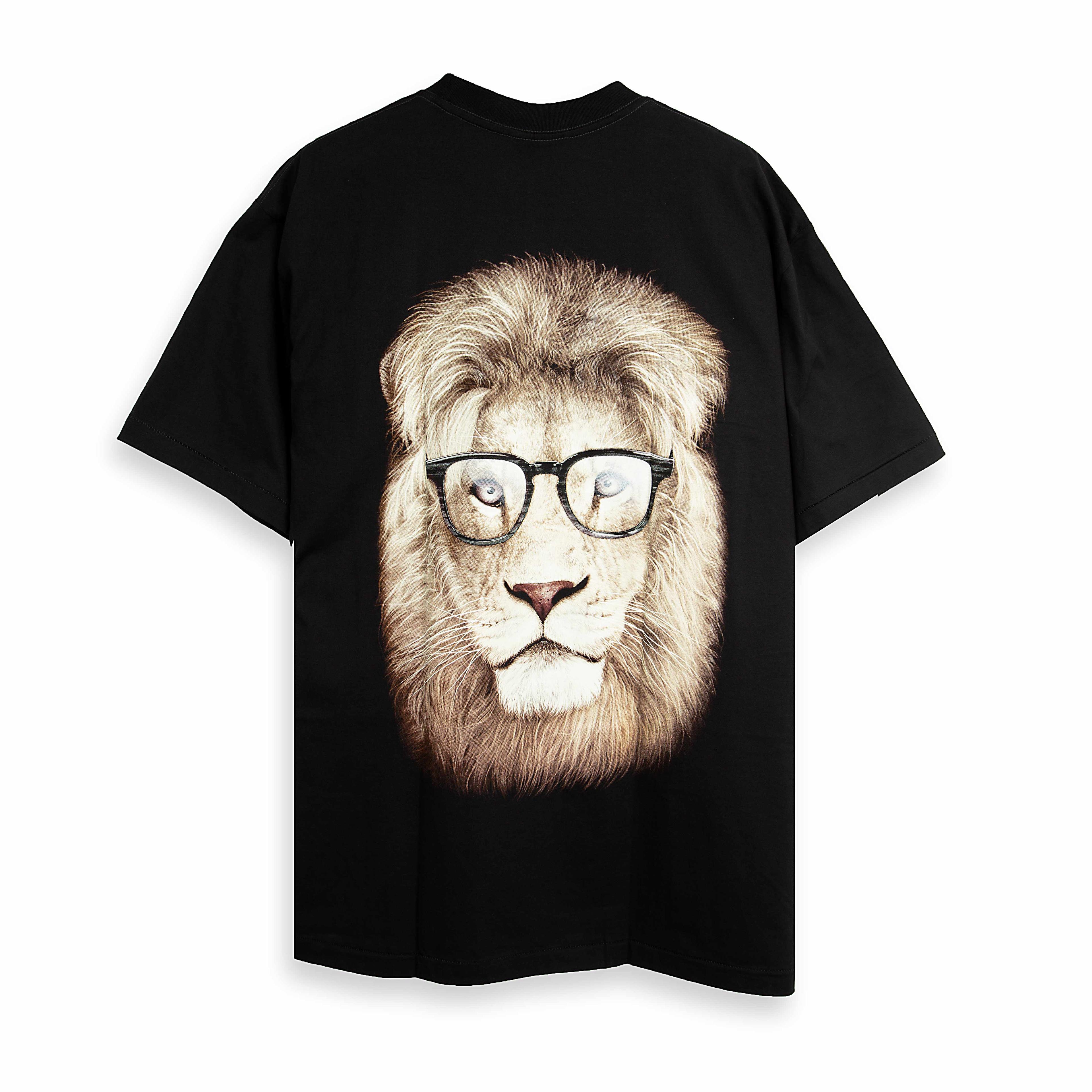 Rock Eagle black unisex t-shirt with a realistic graphic of a lion's head wearing black-framed glasses, giving it a hipster look.