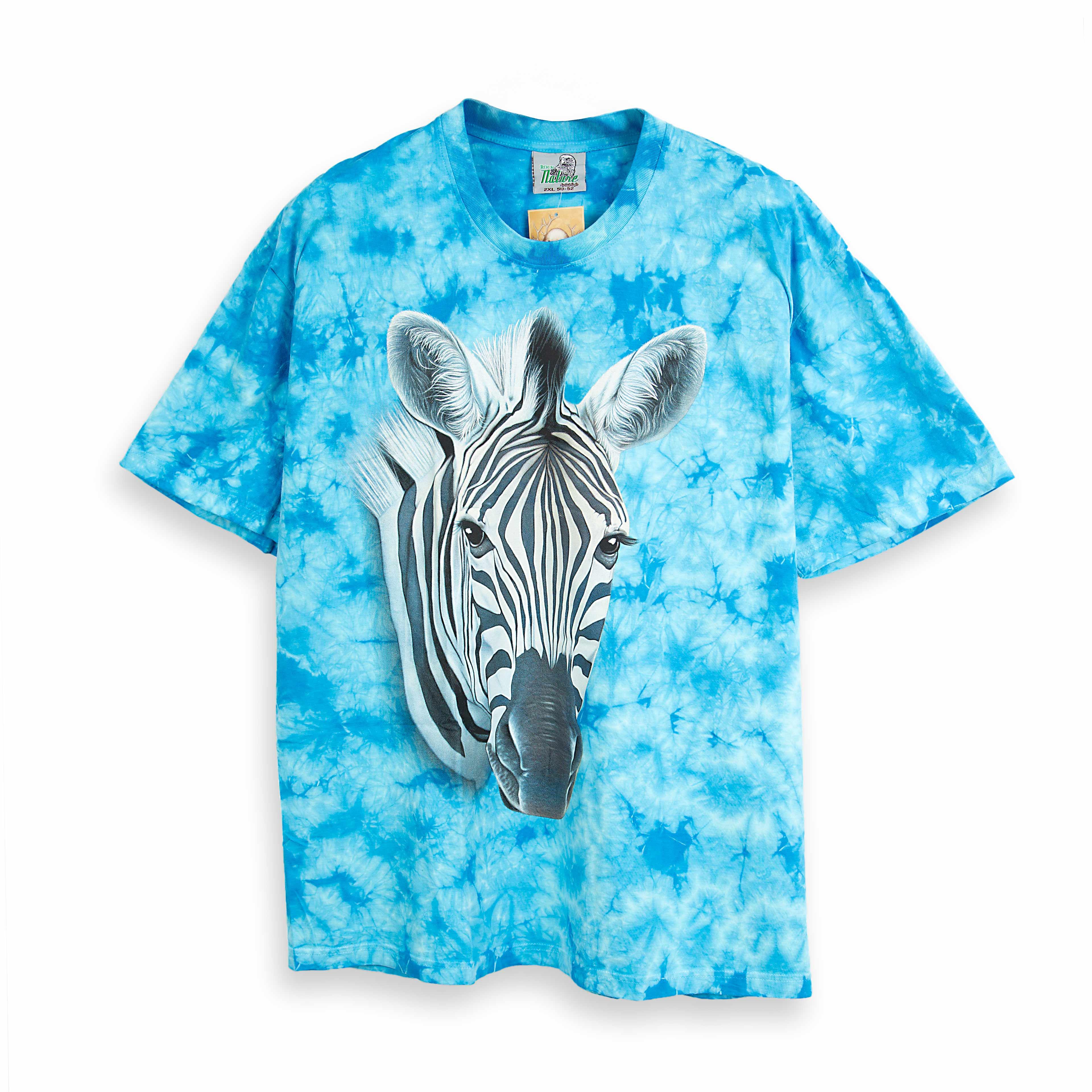 Rock Eagle blue tie-dye unisex t-shirt with a detailed, realistic graphic of a zebra's head centered on the chest.