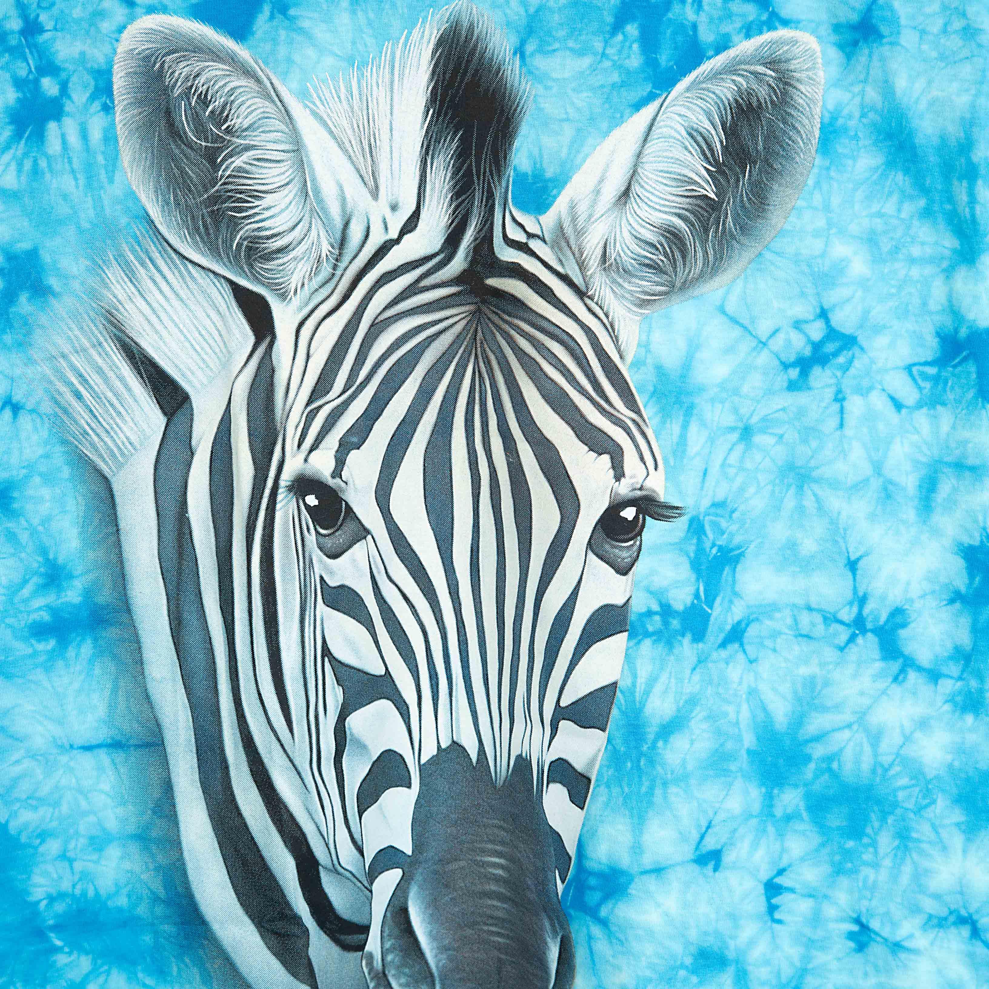 Rock Eagle blue tie-dye unisex t-shirt with a detailed, realistic graphic of a zebra's head centered on the chest.
