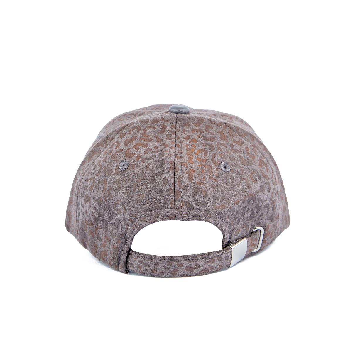 Gray leopard print suede face cap, unisex design with adjustable strap, perfect for casual wear and making a bold fashion statement.