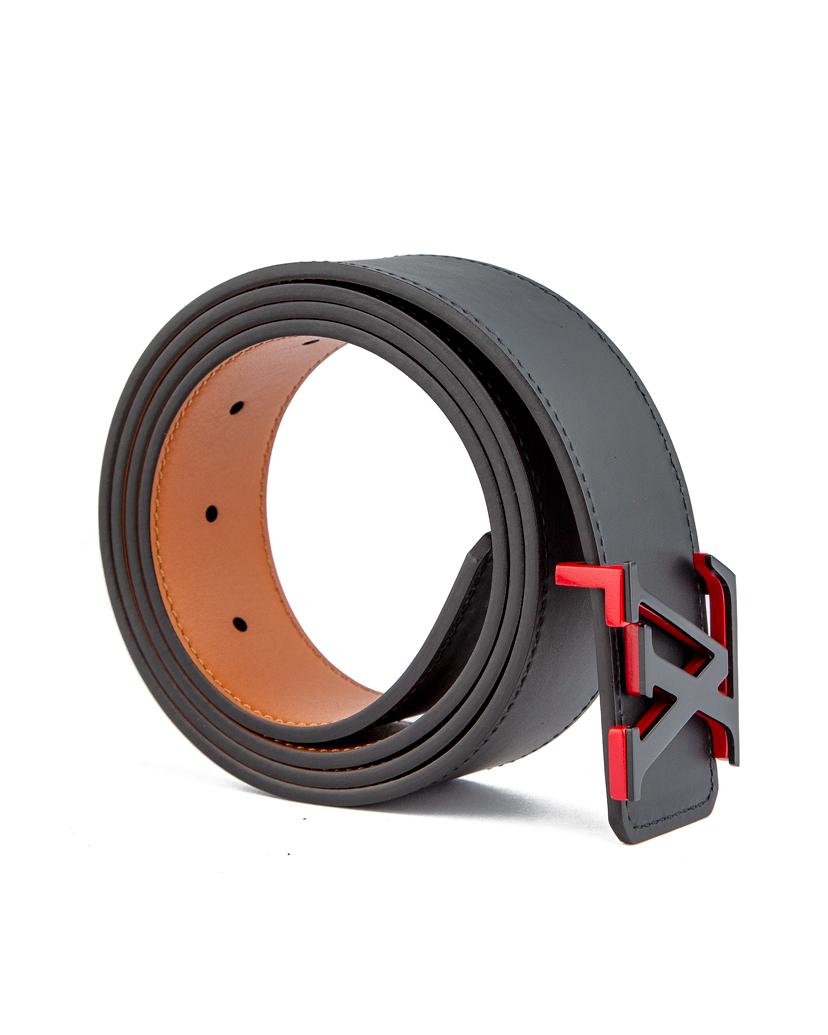 Premium black leather belt with a stylish red and black 'A' buckle – a must-have unisex accessory for fashion-forward individuals