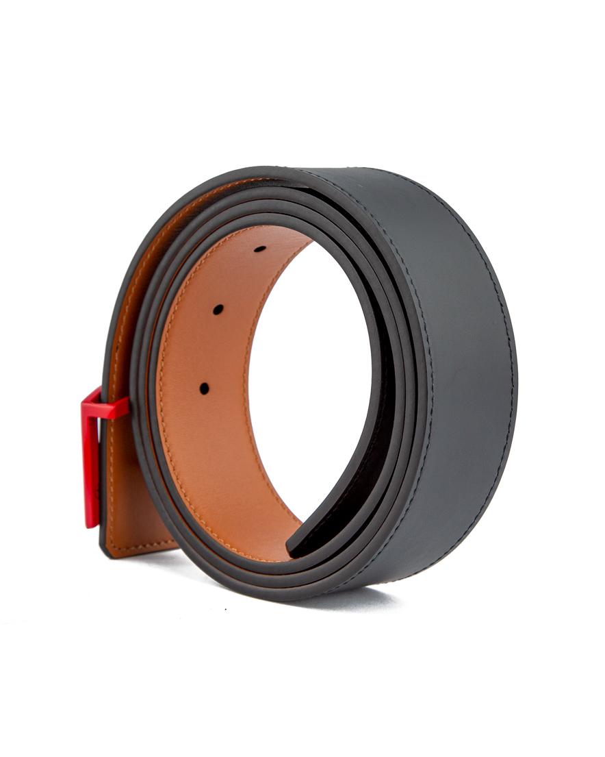 Premium black leather belt with a stylish red and black 'A' buckle – a must-have unisex accessory for fashion-forward individuals.