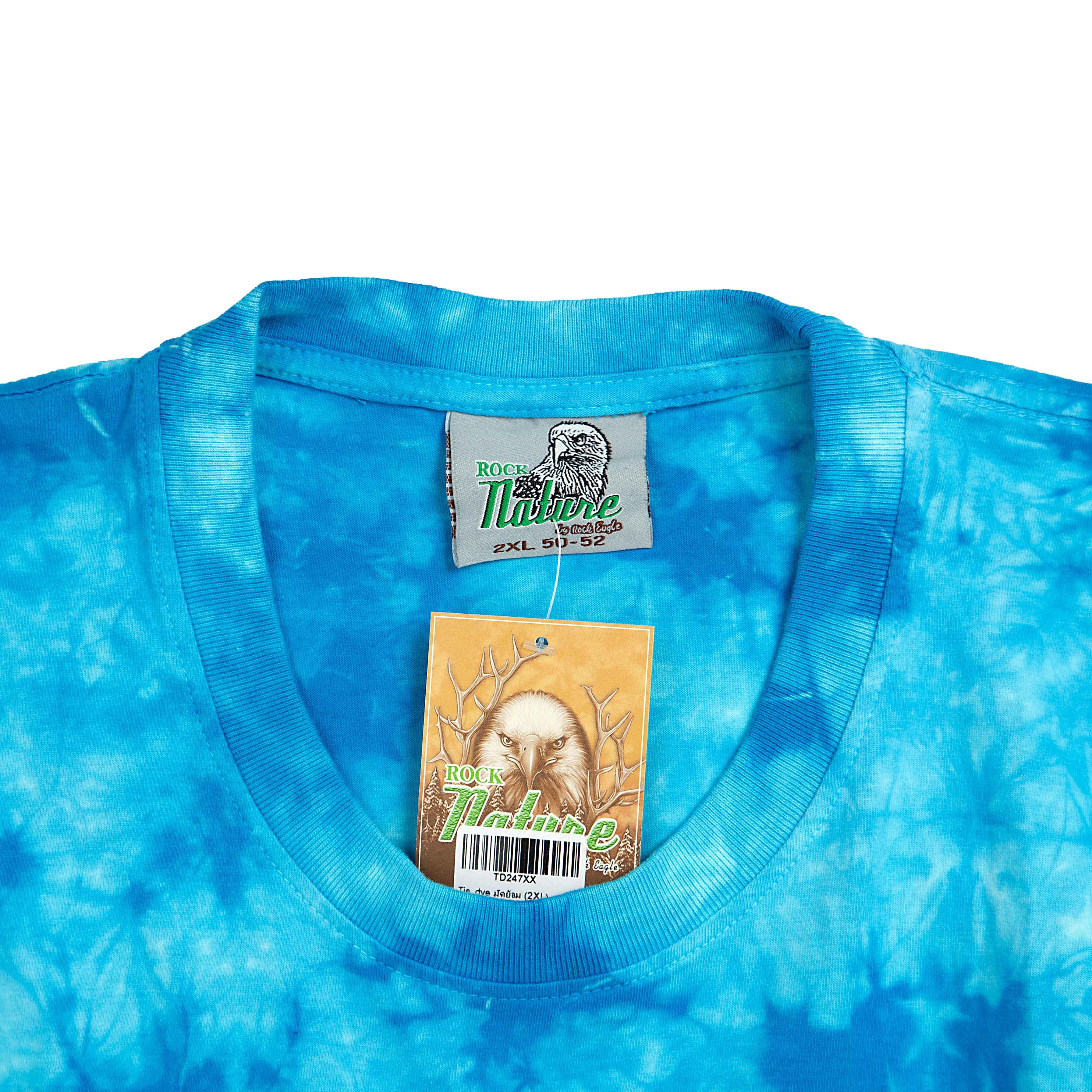 Rock Eagle blue tie-dye unisex t-shirt with a detailed, realistic graphic of a zebra's head centered on the chest.
