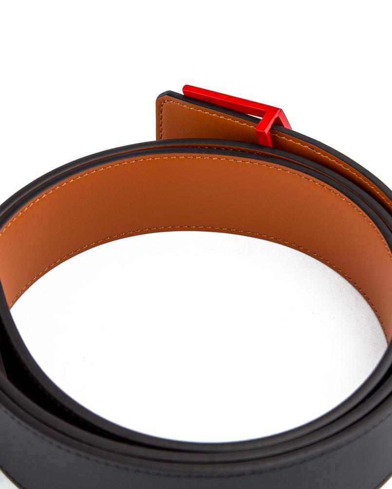 Premium black leather belt with a stylish red and black 'A' buckle – a must-have unisex accessory for fashion-forward individuals.