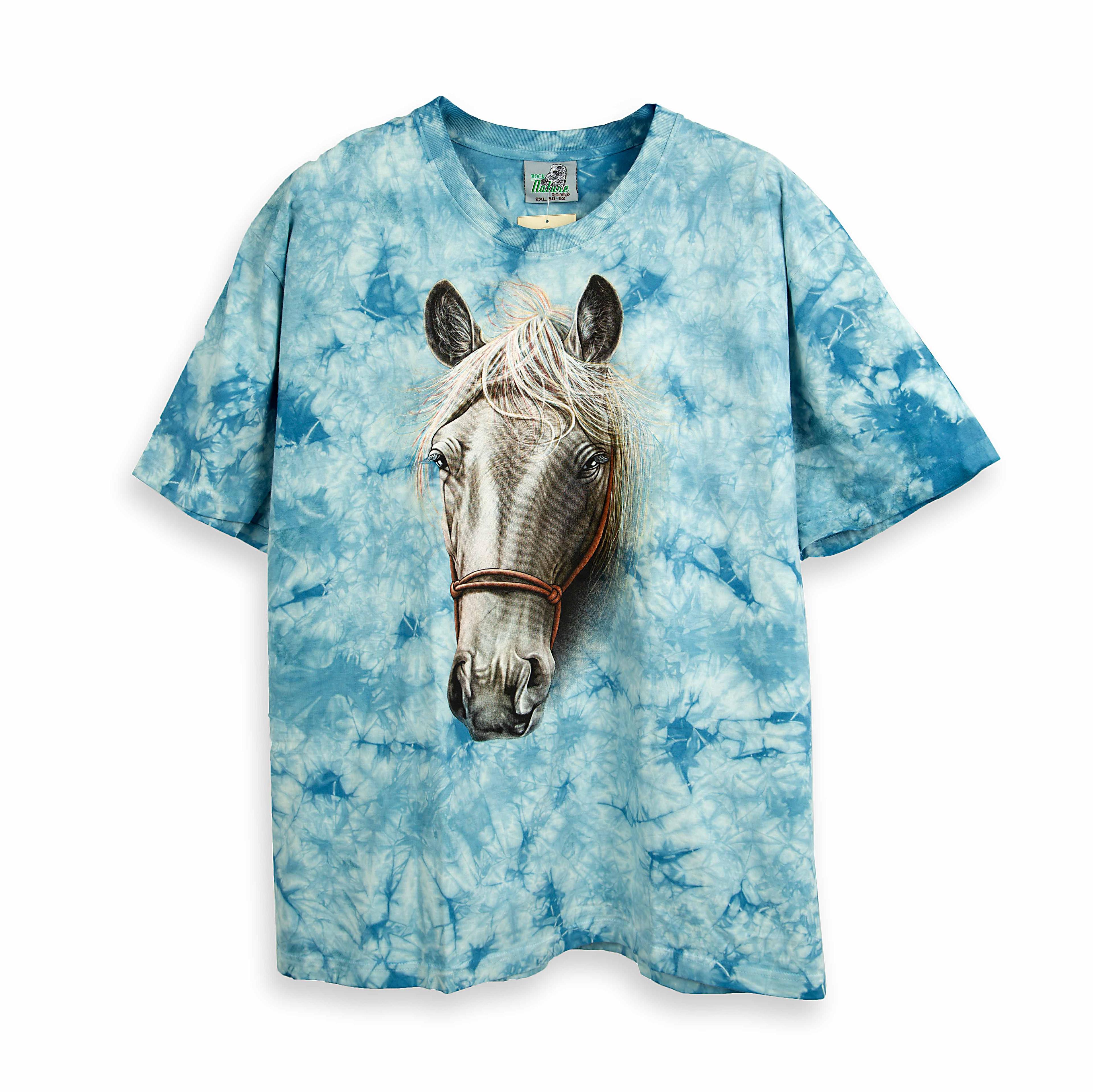 "Rock Eagle sky blue tie-dye unisex T-shirt with realistic horse head graphic"