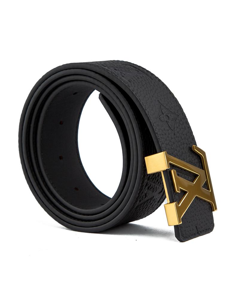 Black textured leather belt with gold 'A' buckle – a stylish and premium fashion accessory for men and women.