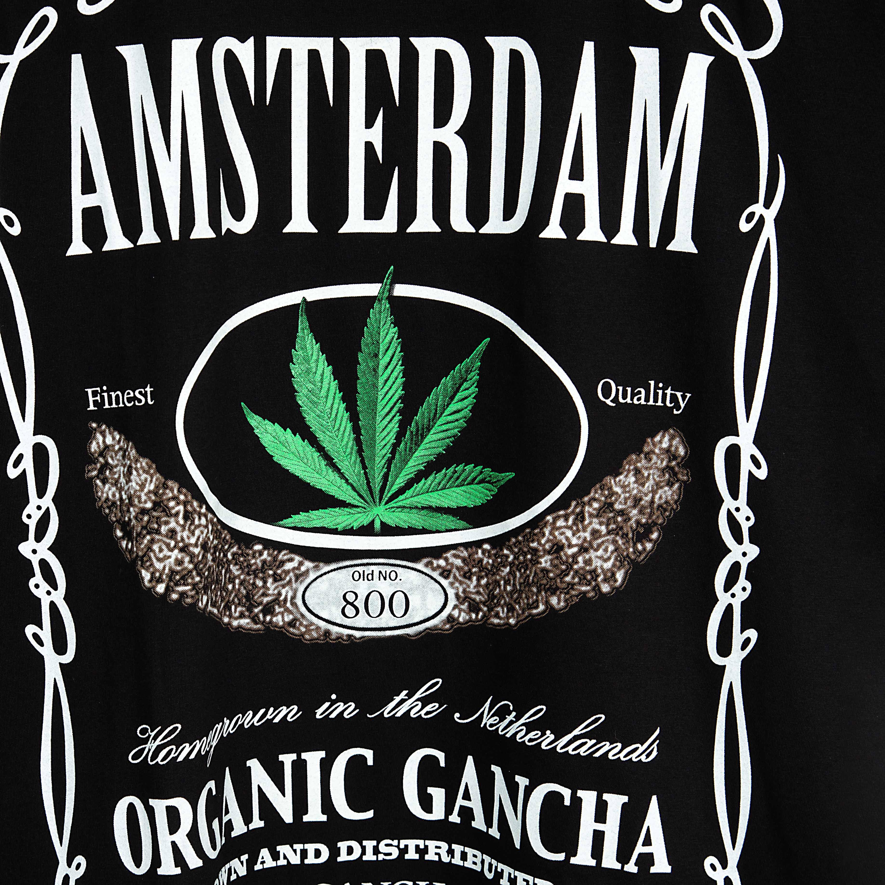 "Rock Eagle black unisex T-shirt with Amsterdam Organic Gancha cannabis leaf graphic"