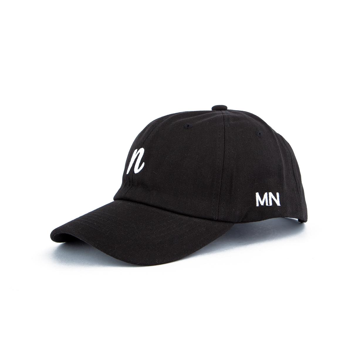 Black minimalist embroidered cap with white 'n' design, unisex and adjustable, perfect for casual and modern style enthusiasts.