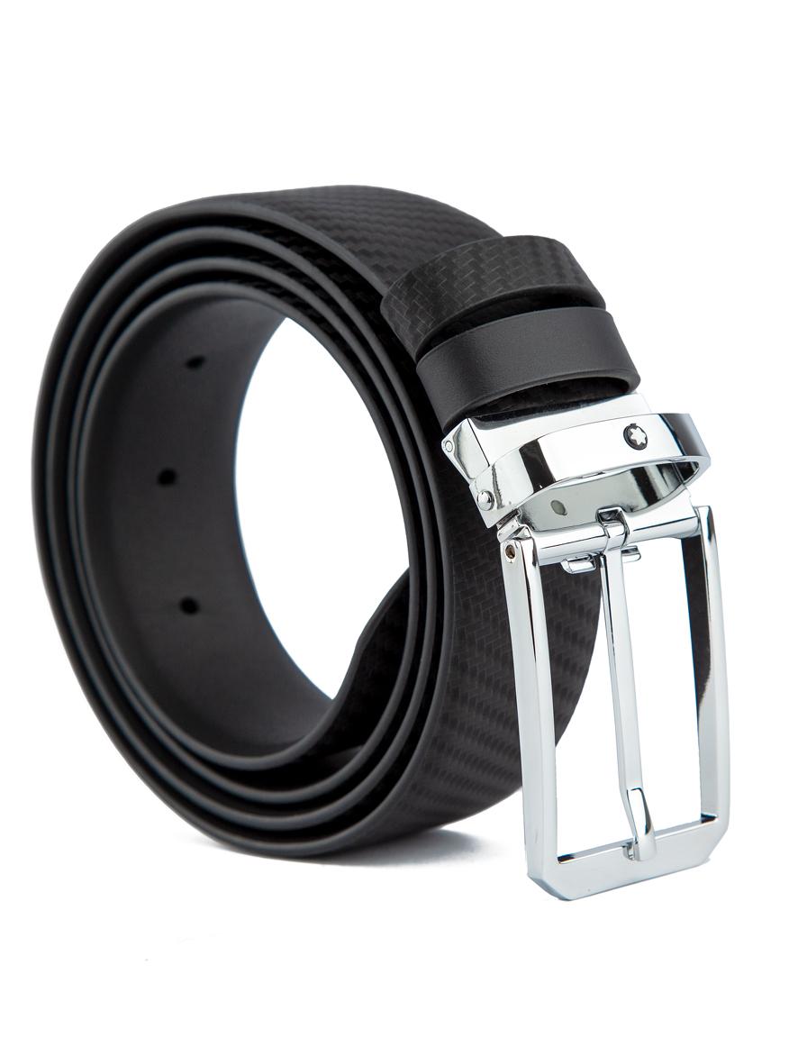 Carbon Fiber Textured Black Leather Belt with Silver Buckle, 12106- Black