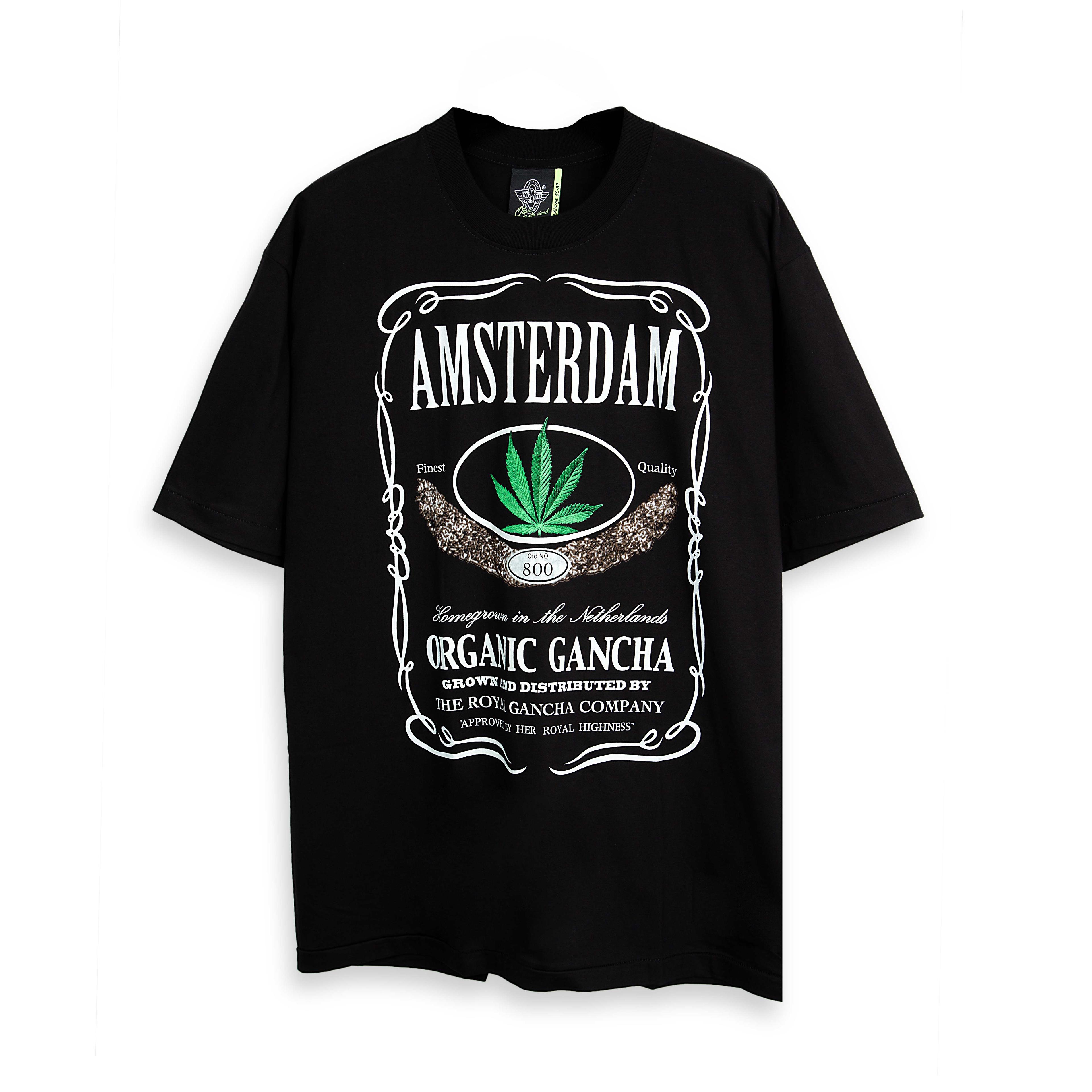 "Rock Eagle black unisex T-shirt with Amsterdam Organic Gancha cannabis leaf graphic"