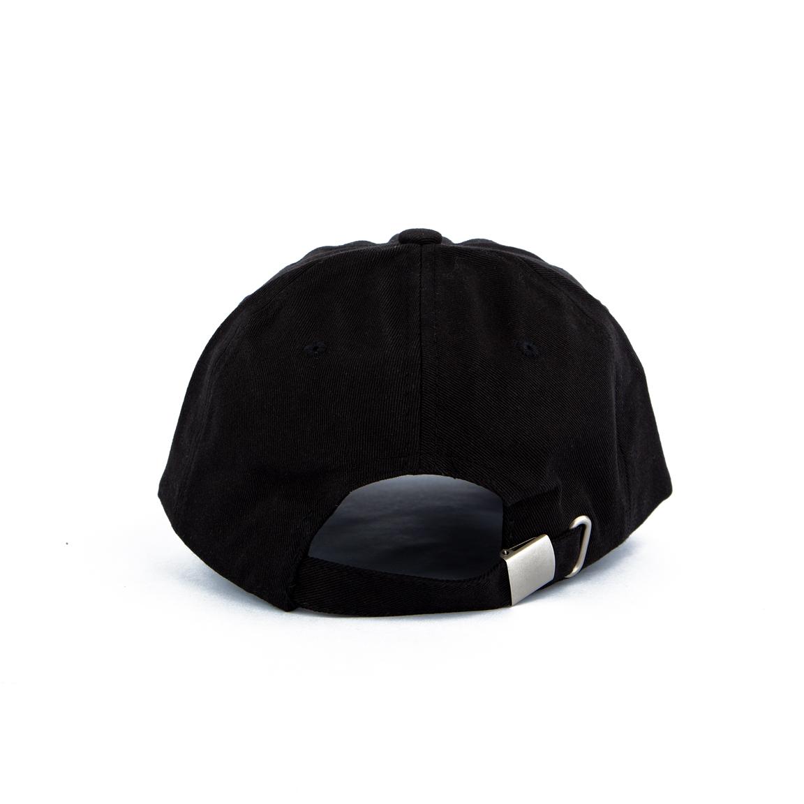 Black minimalist embroidered cap with white 'n' design, unisex and adjustable, perfect for casual and modern style enthusiasts.