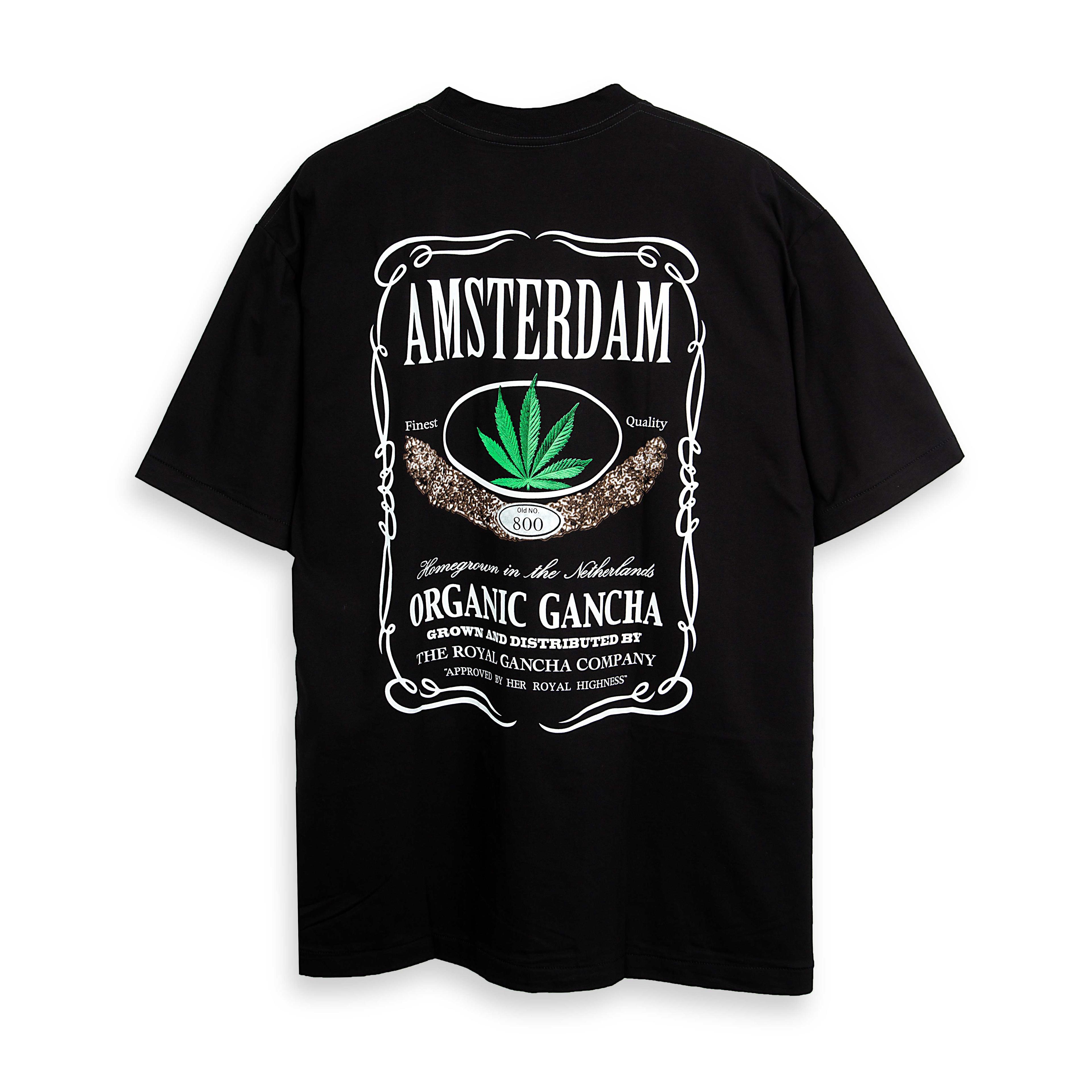 "Rock Eagle black unisex T-shirt with Amsterdam Organic Gancha cannabis leaf graphic"