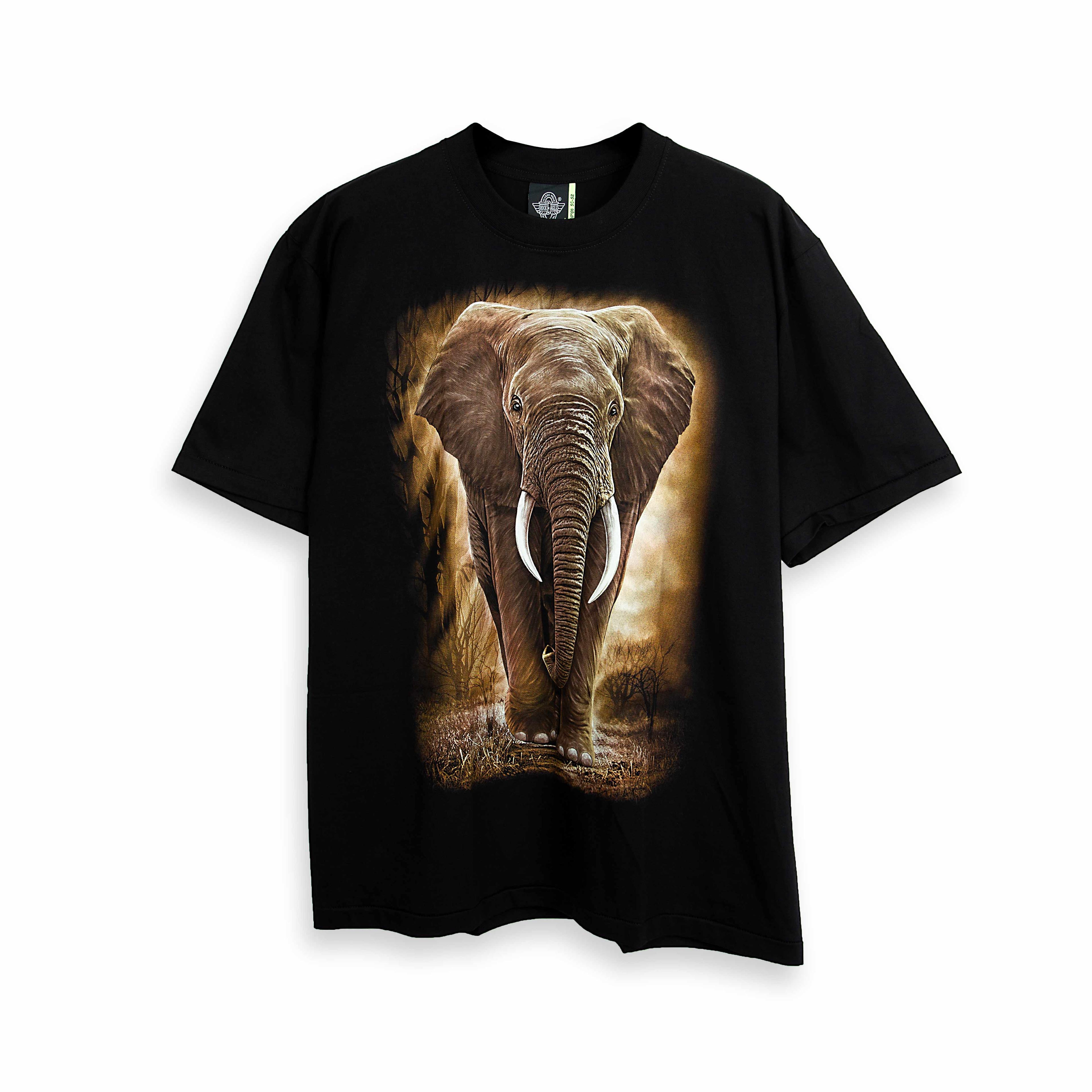 "Rock Eagle black unisex T-shirt with realistic elephant wildlife graphic"