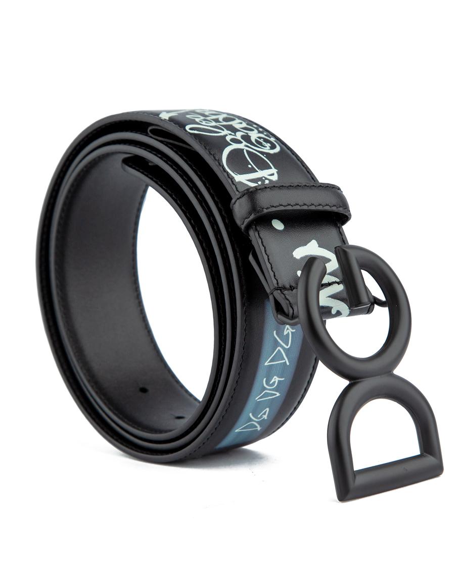 Luxury black leather belt with graffiti design and matte black circular buckle—perfect for those who want a bold and artistic fashion statement.