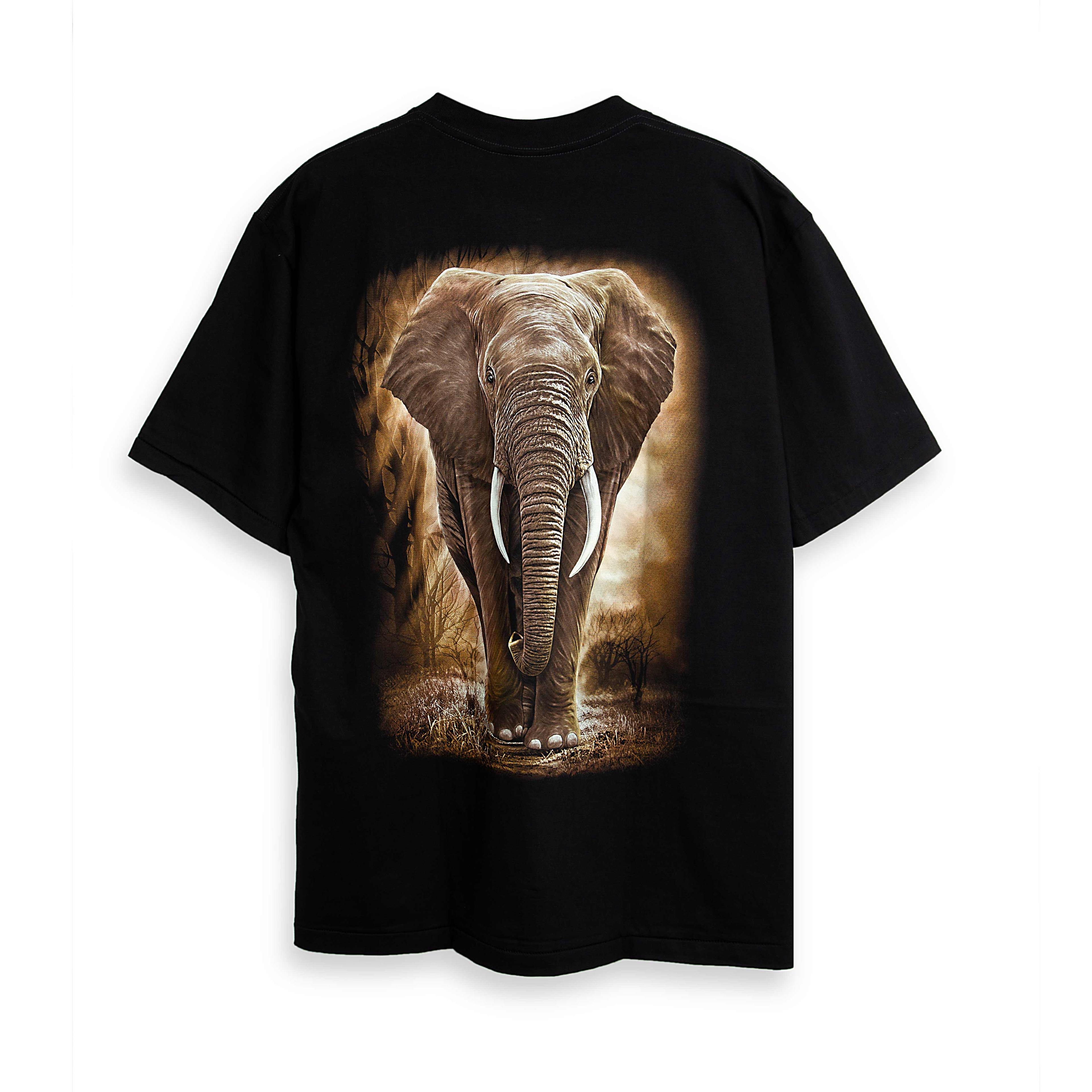 "Rock Eagle black unisex T-shirt with realistic elephant wildlife graphic"
