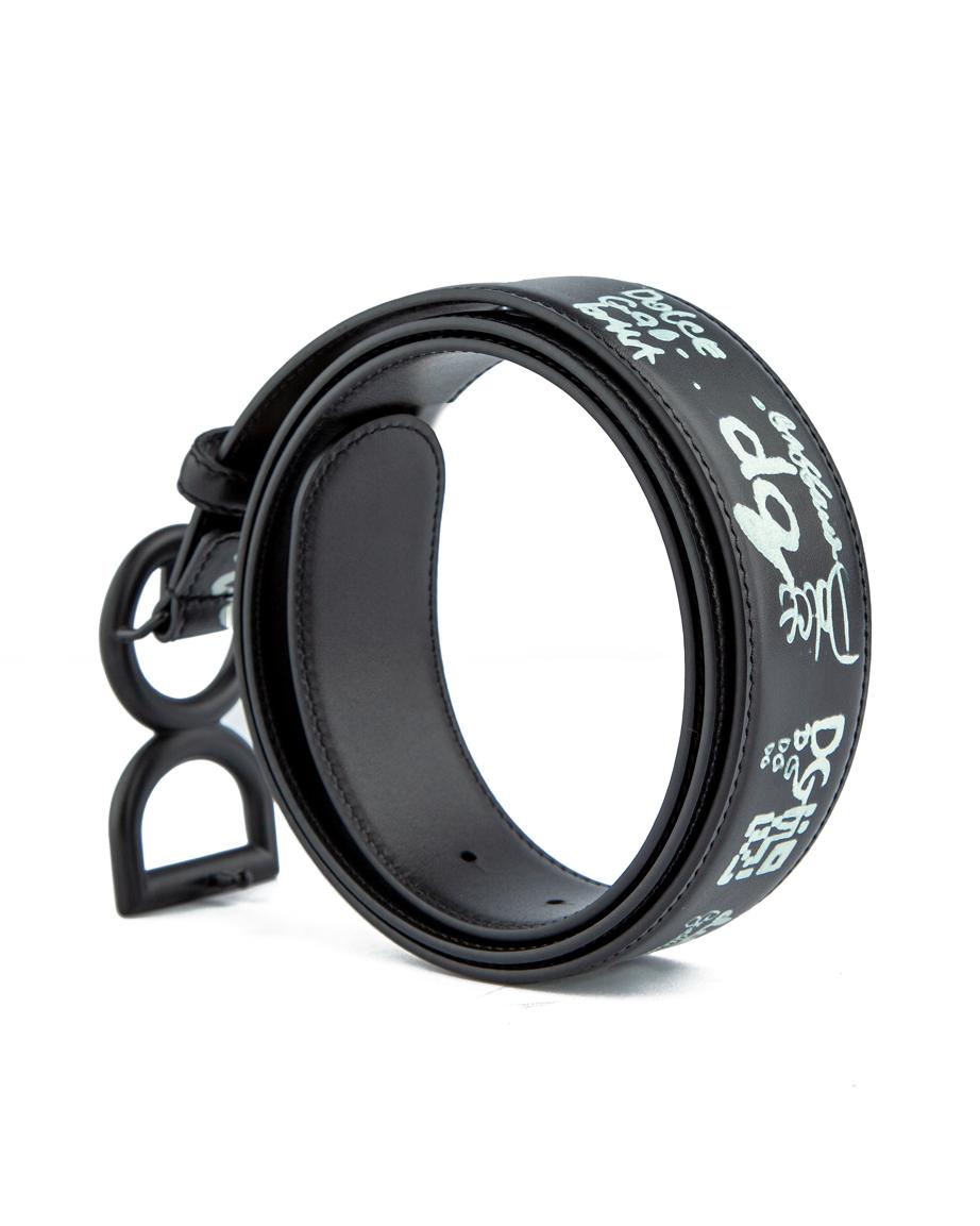 Luxury black leather belt with graffiti design and matte black circular buckle—perfect for those who want a bold and artistic fashion statement.
