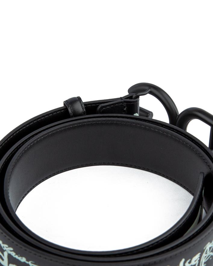 Luxury black leather belt with graffiti design and matte black circular buckle—perfect for those who want a bold and artistic fashion statement.